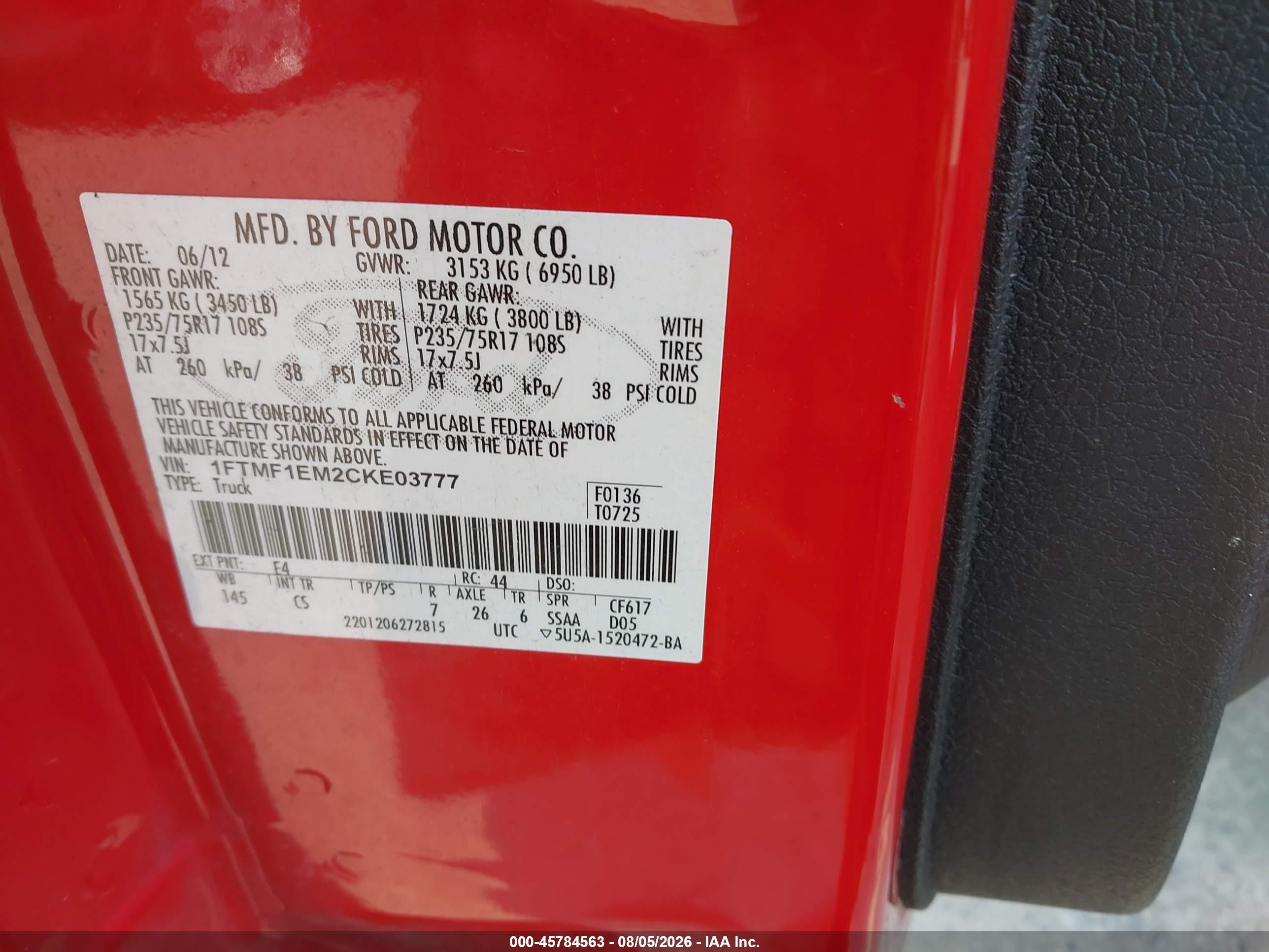 2012 Ford F-150 Xl Red vin: 1FTMF1EM2CKE03777