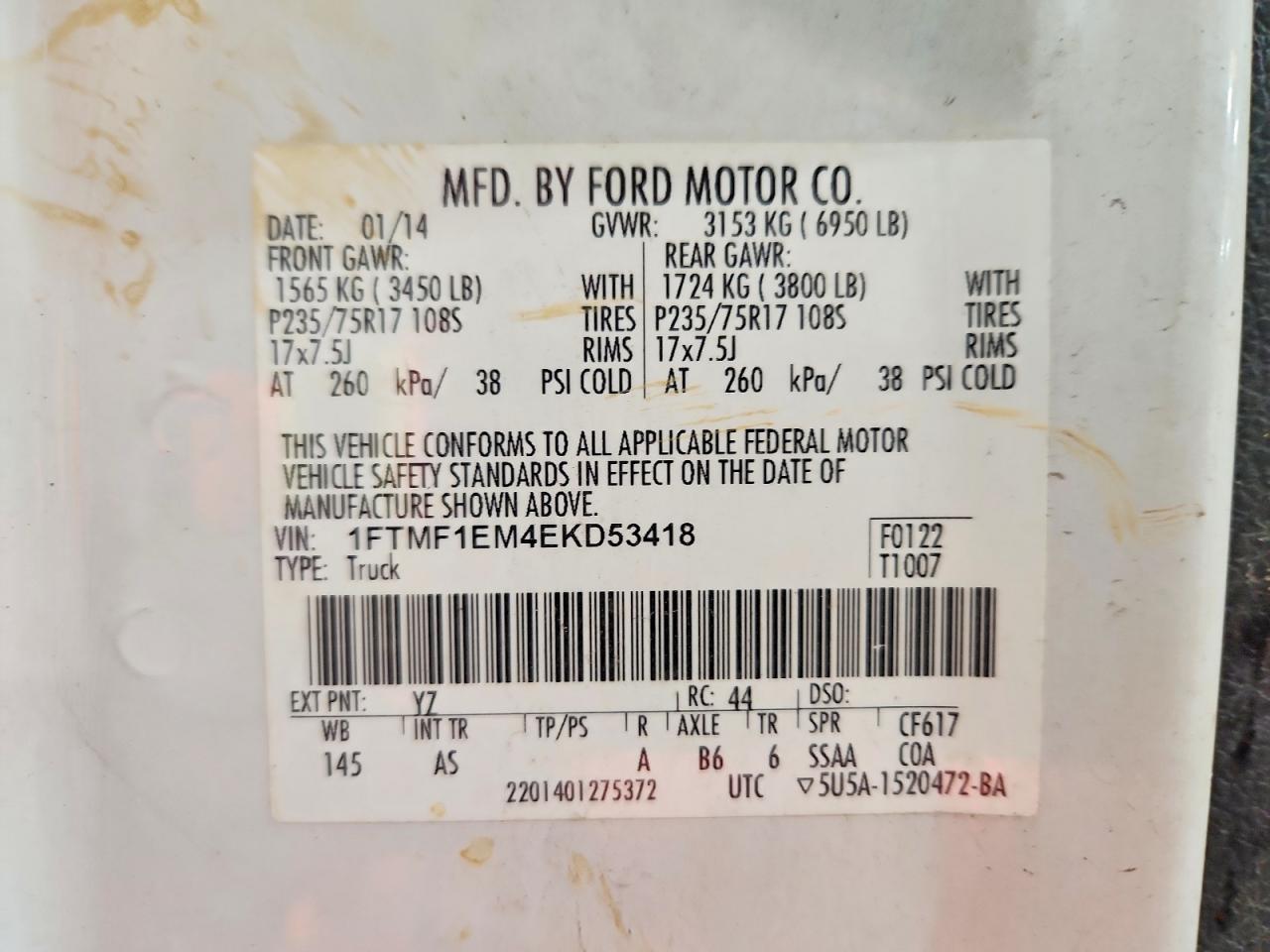 2014 Ford F150 White vin: 1FTMF1EM4EKD53418