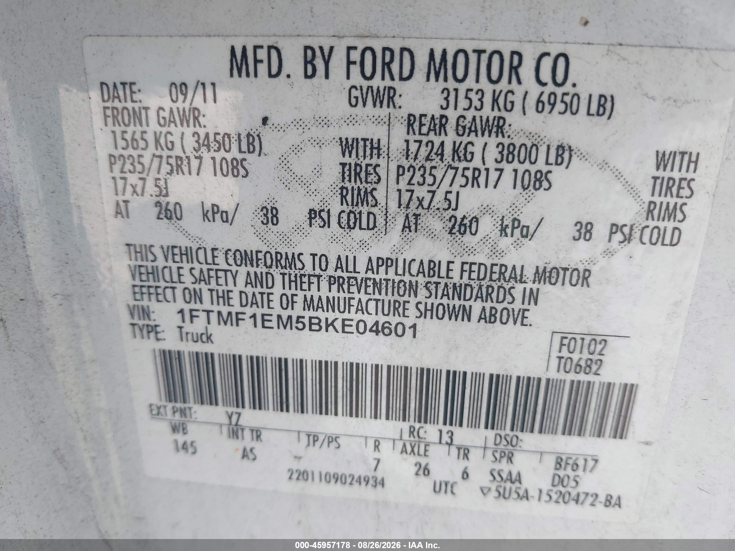 2011 Ford F-150 Xl White vin: 1FTMF1EM5BKE04601
