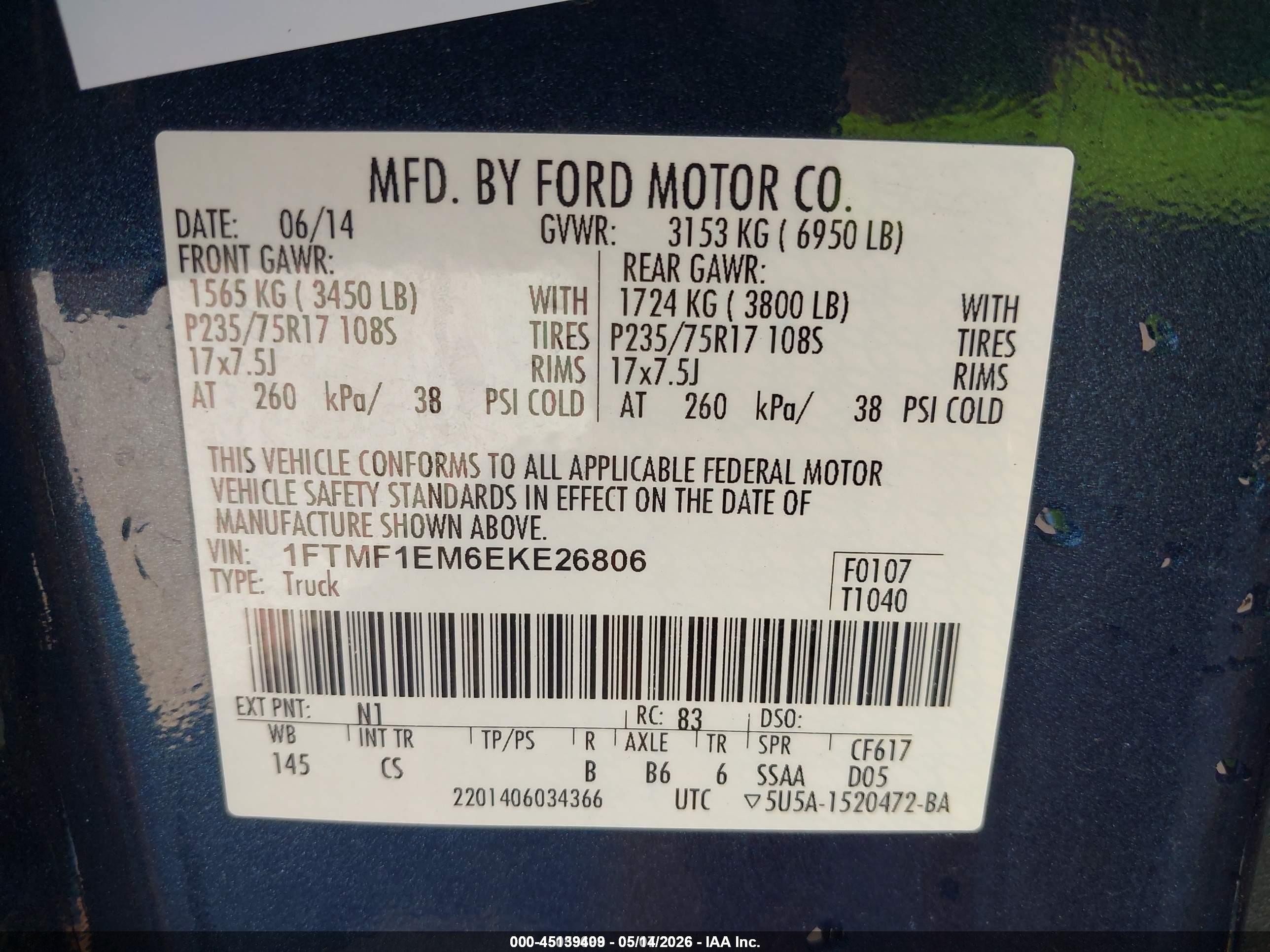2014 Ford F-150 Xl Blue vin: 1FTMF1EM6EKE26806