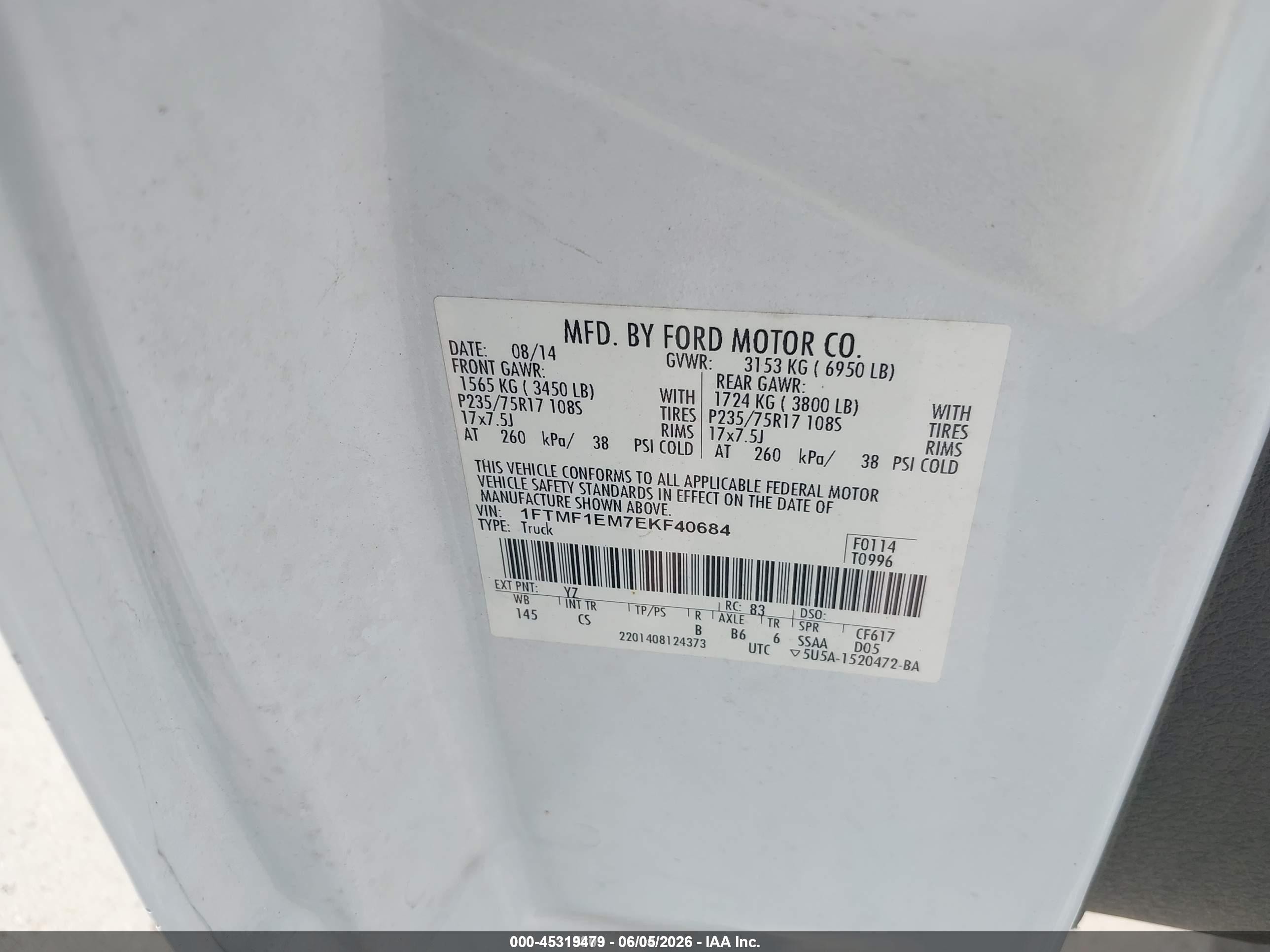 2014 Ford F-150 Xl White vin: 1FTMF1EM7EKF40684