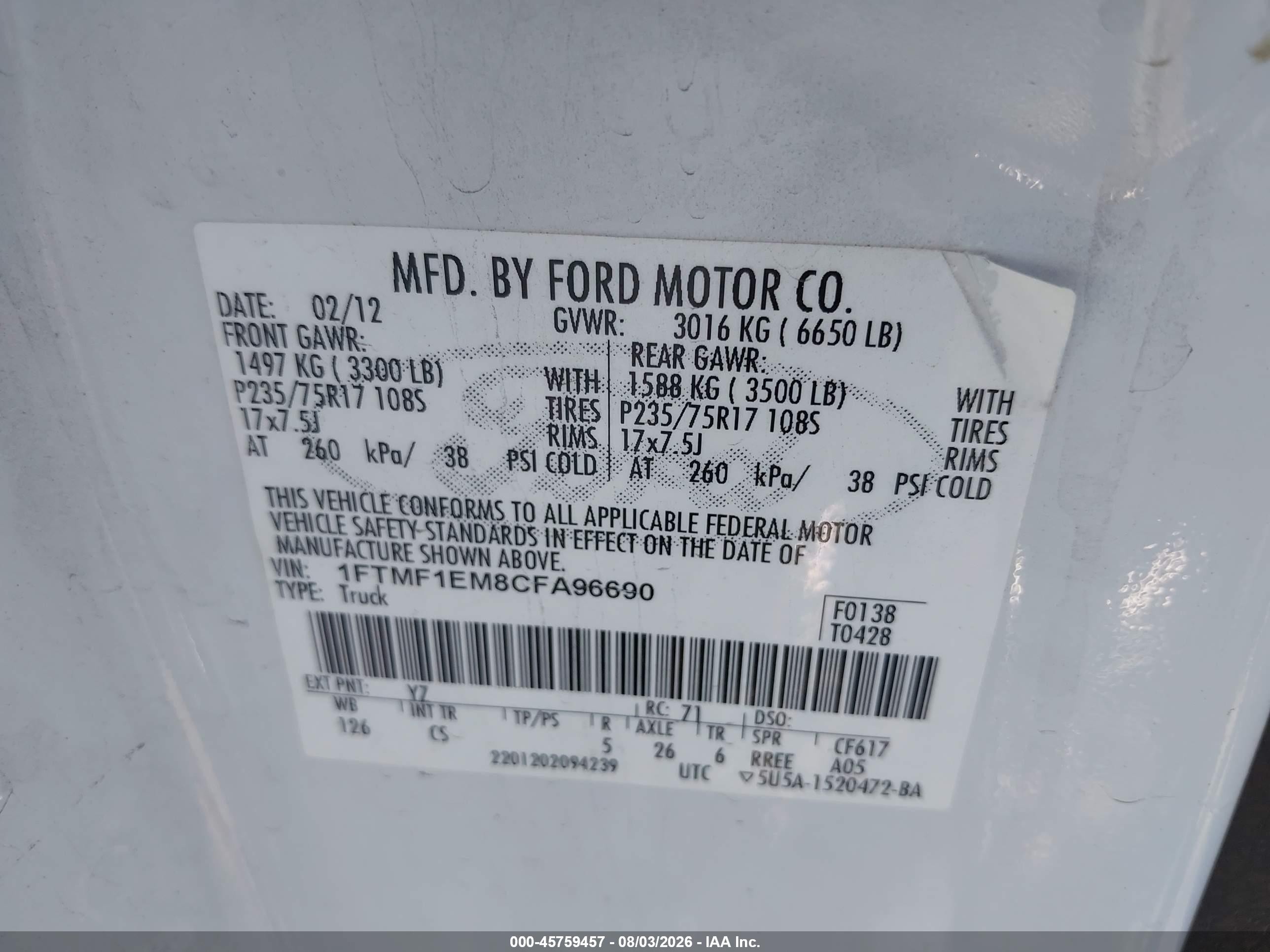 2012 Ford F-150 Xl White vin: 1FTMF1EM8CFA96690