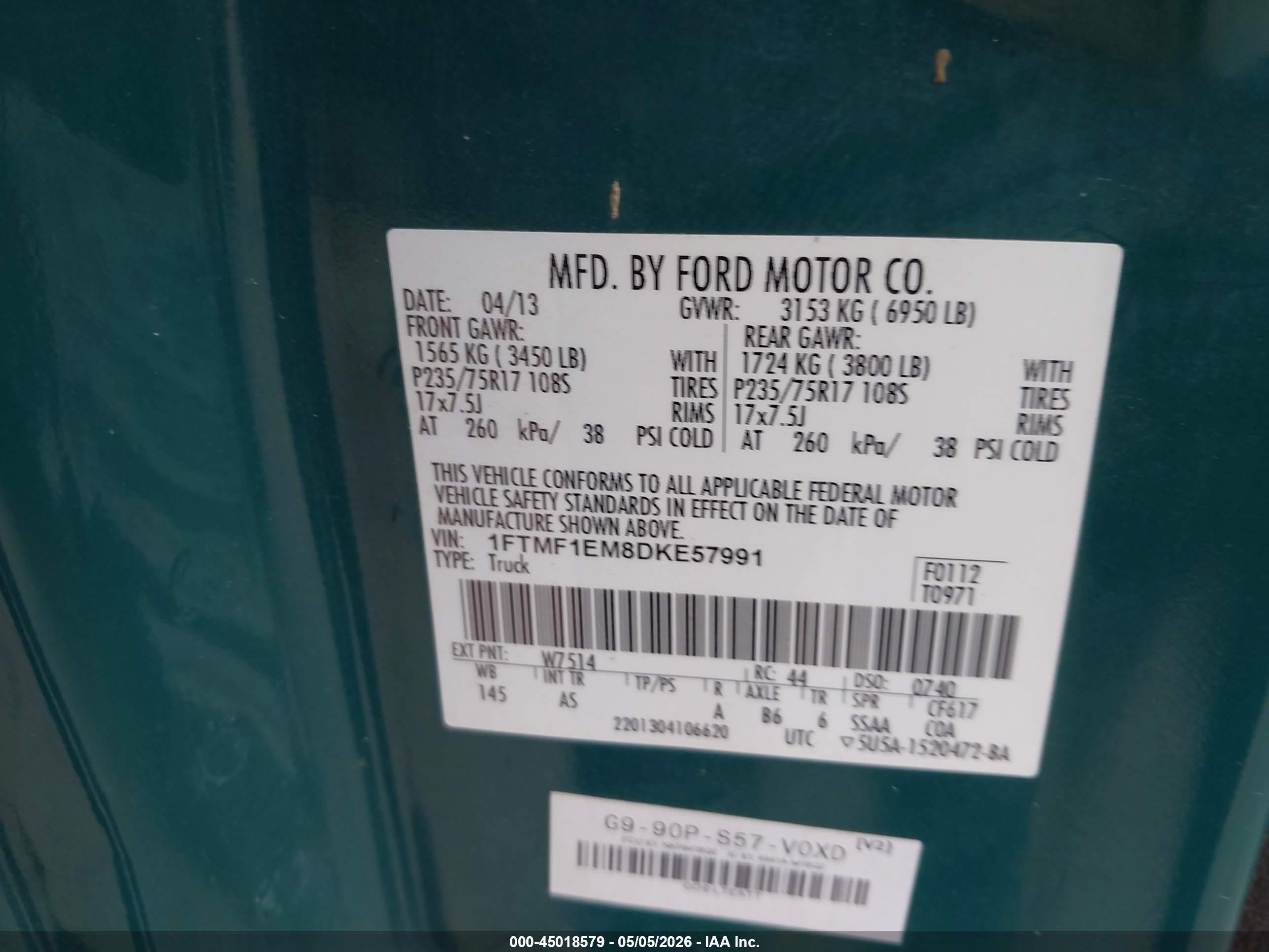 2013 Ford F-150 Xl Green vin: 1FTMF1EM8DKE57991
