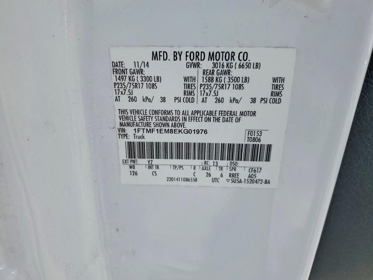 2014 Ford F150 White vin: 1FTMF1EM8EKG01976