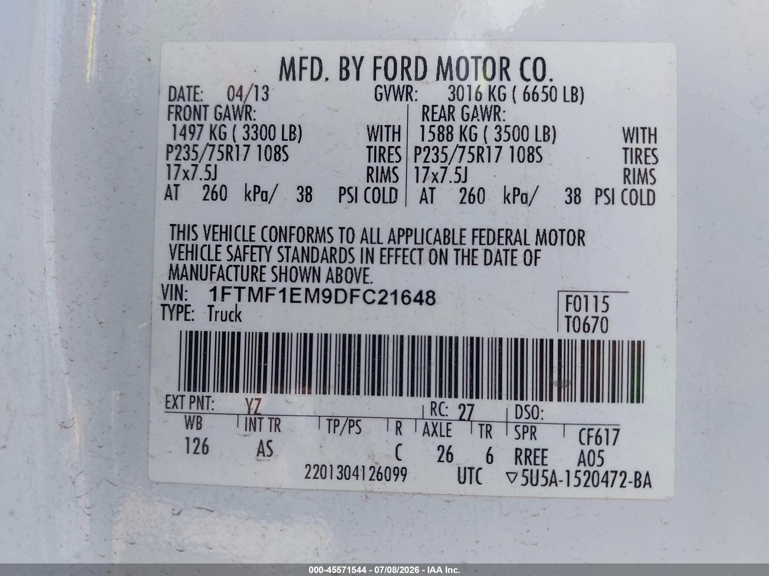 2013 Ford F-150 Stx/xl/xlt White vin: 1FTMF1EM9DFC21648
