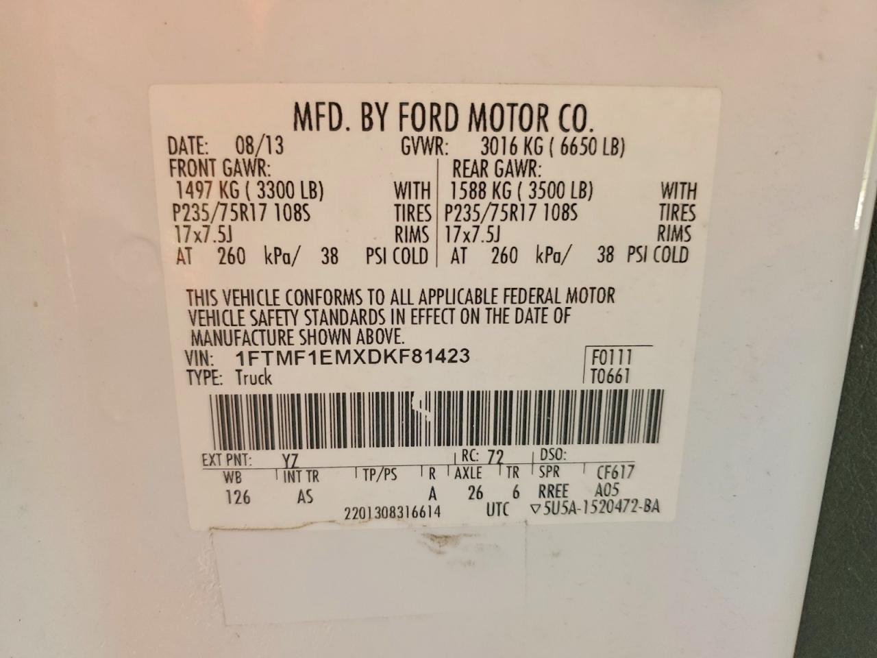 2013 Ford F150 Белый vin: 1FTMF1EMXDKF81423