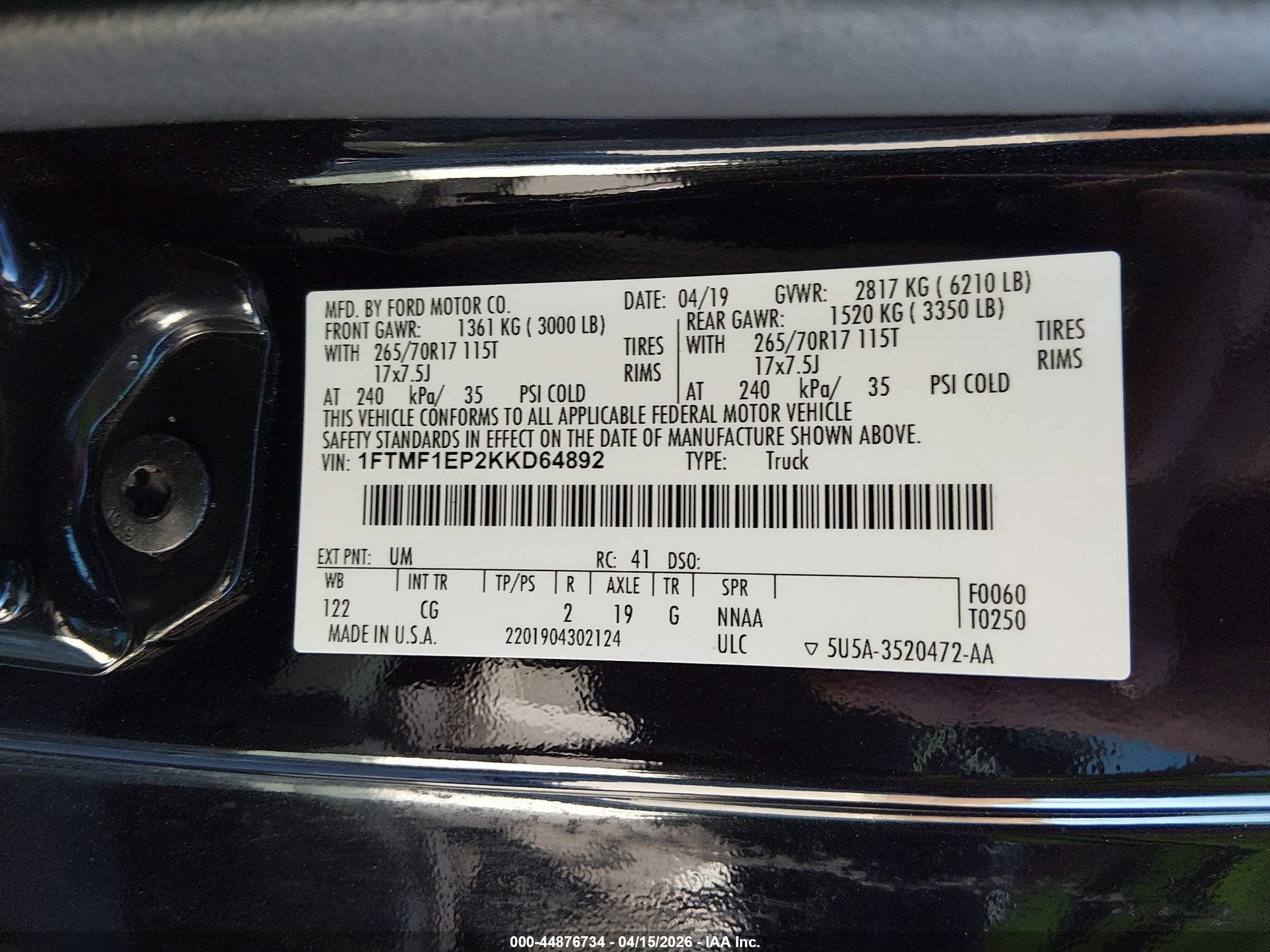 2019 Ford F-150 Xl Black vin: 1FTMF1EP2KKD64892
