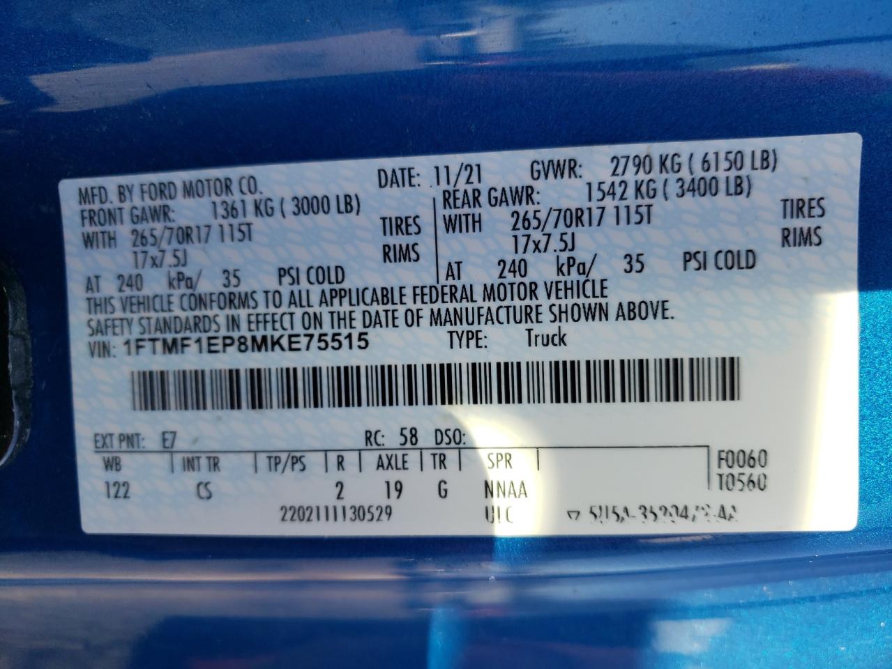 2021 Ford F150  Blue vin: 1FTMF1EP8MKE75515