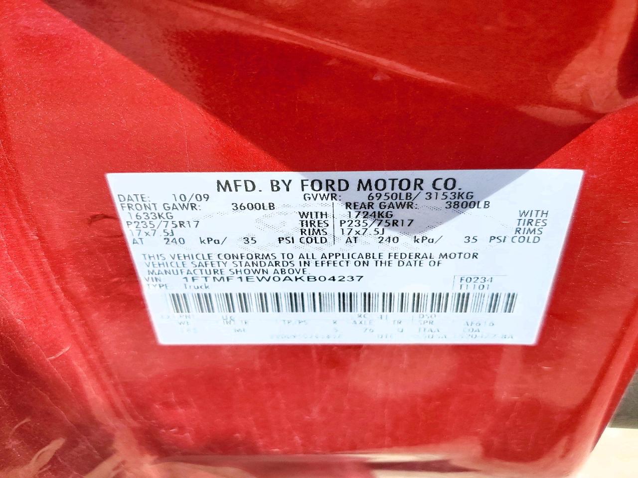 2010 Ford F150 Red vin: 1FTMF1EW0AKB04237