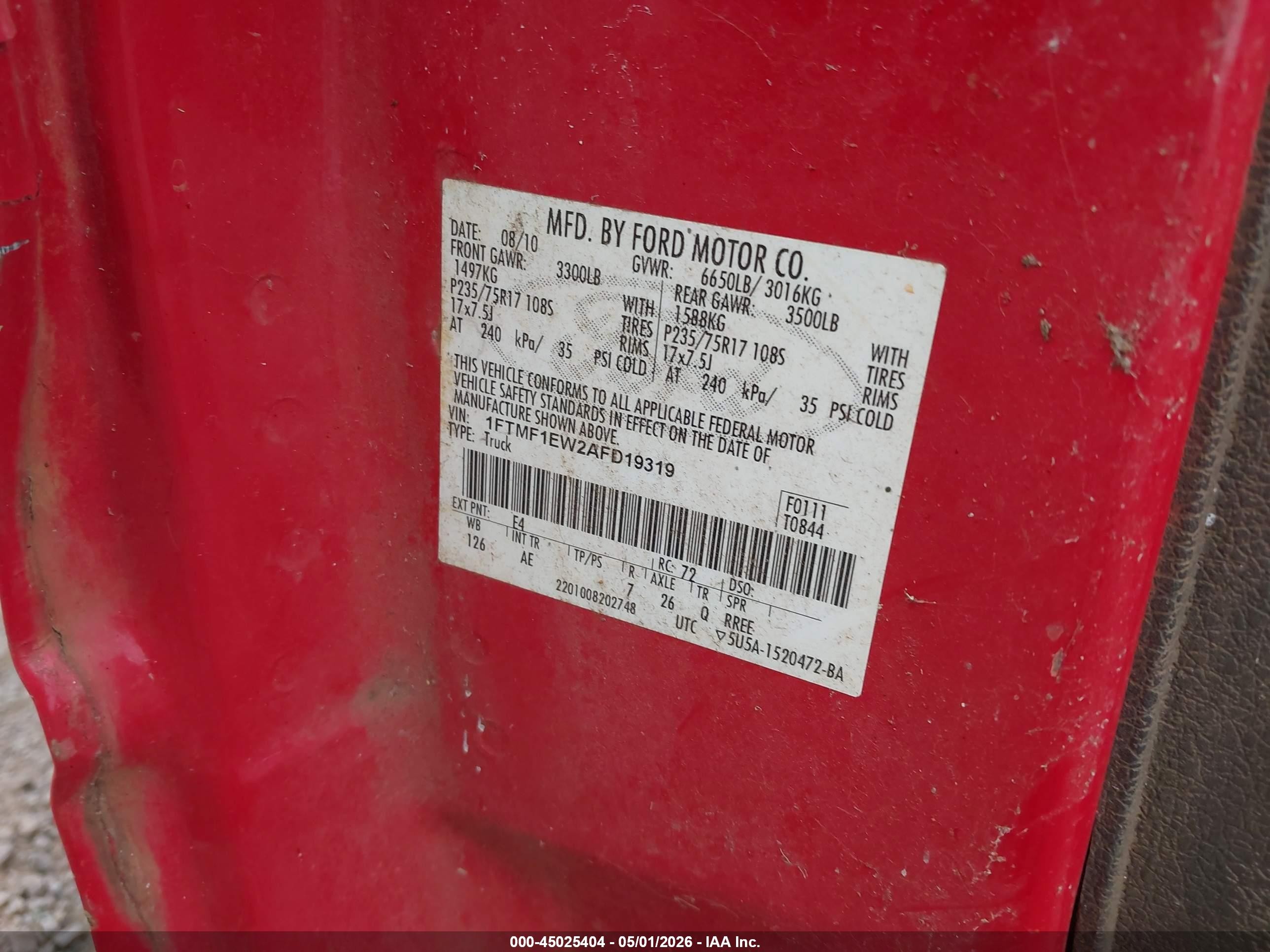 2010 Ford F-150 Stx/xl/xlt Red vin: 1FTMF1EW2AFD19319