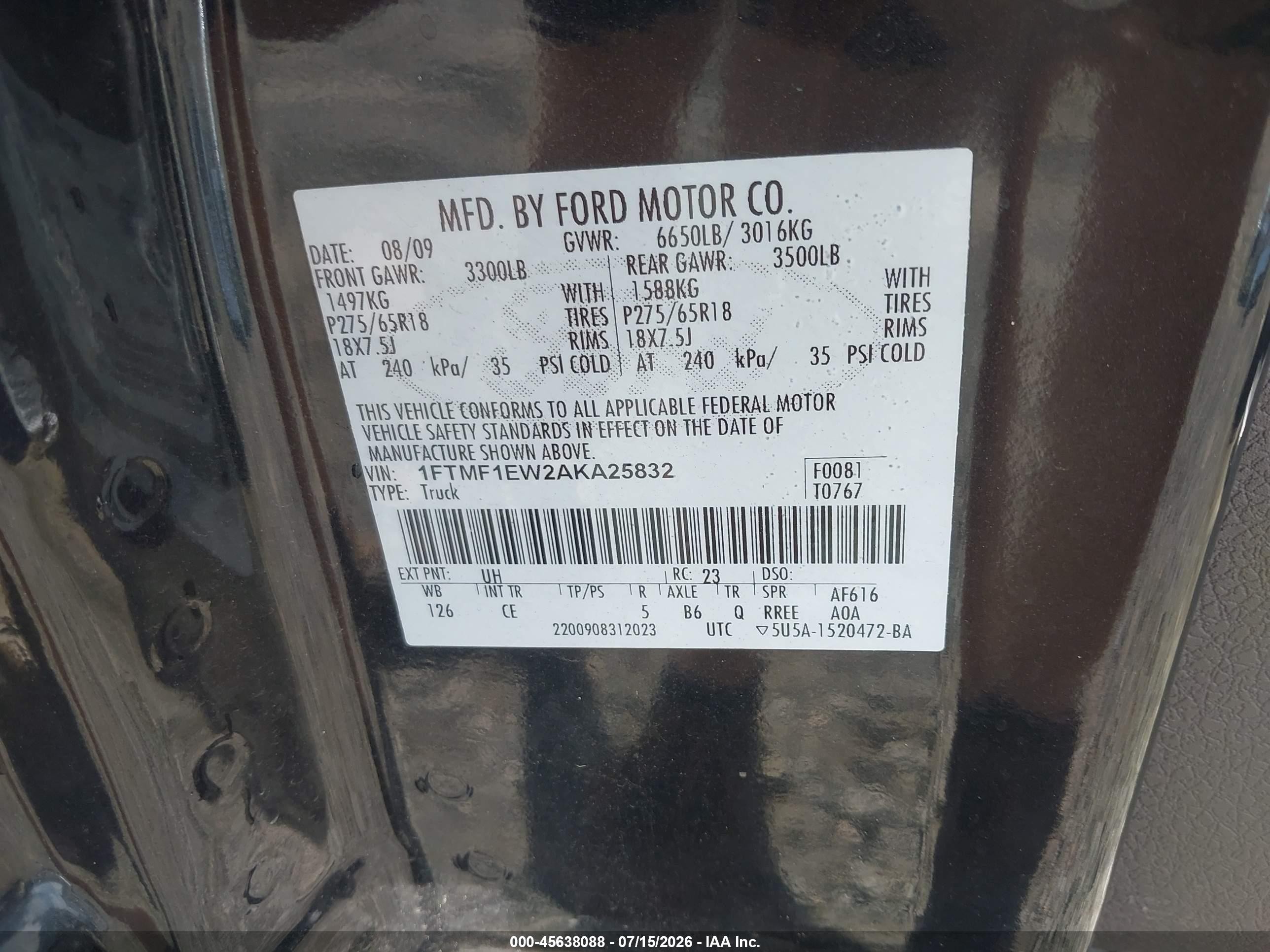 2010 Ford F-150 Stx/xl/xl W/mid-box Prep/xlt/xlt W/mid-box Prep Черный vin: 1FTMF1EW2AKA25832