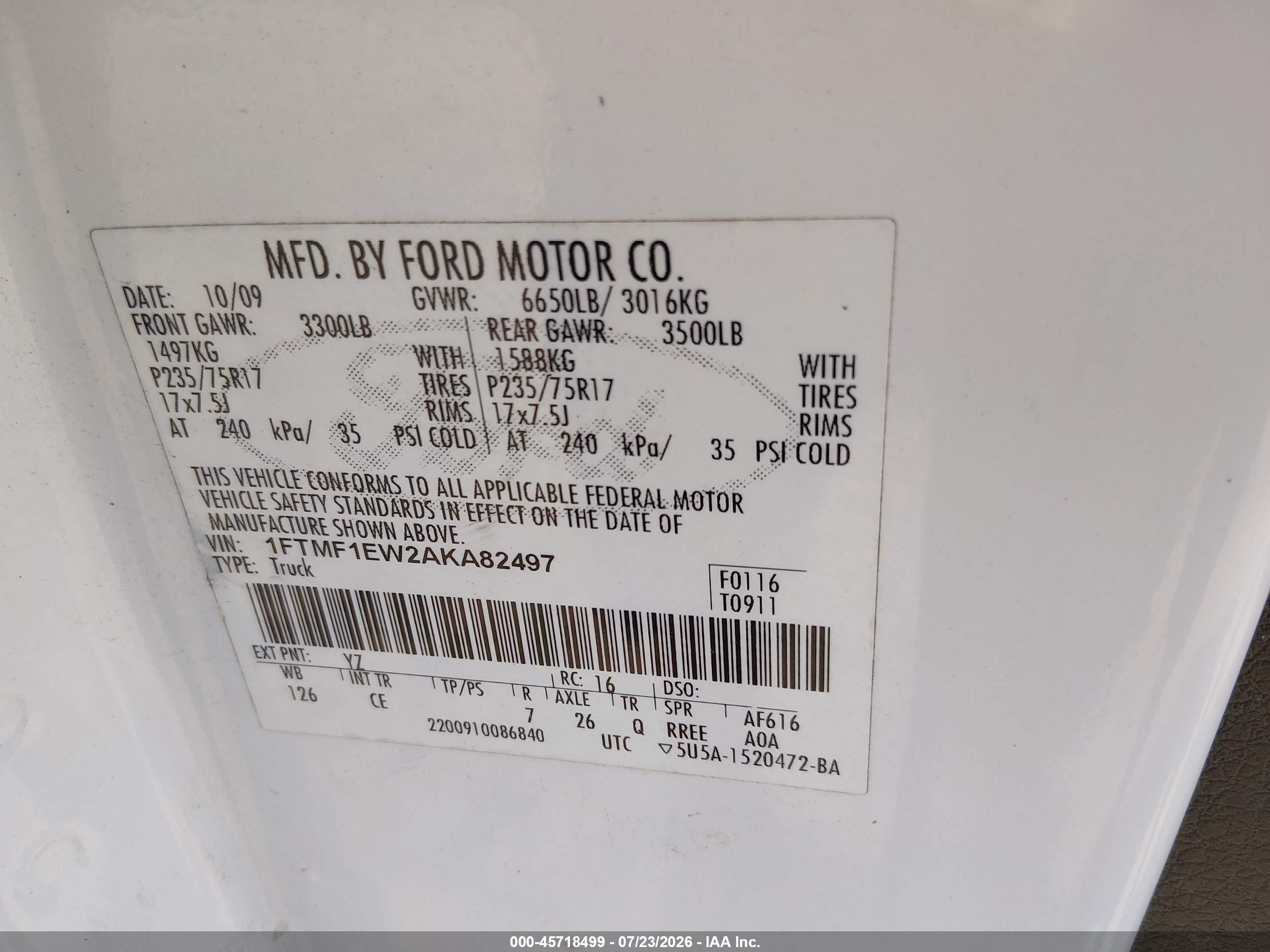 2010 Ford F-150 Stx/xl/xl W/mid-box Prep/xlt/xlt W/mid-box Prep White vin: 1FTMF1EW2AKA82497