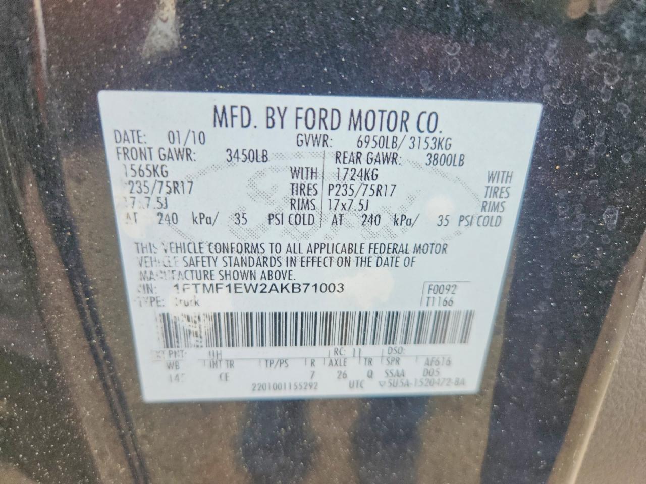 2010 Ford F150 Black vin: 1FTMF1EW2AKB71003