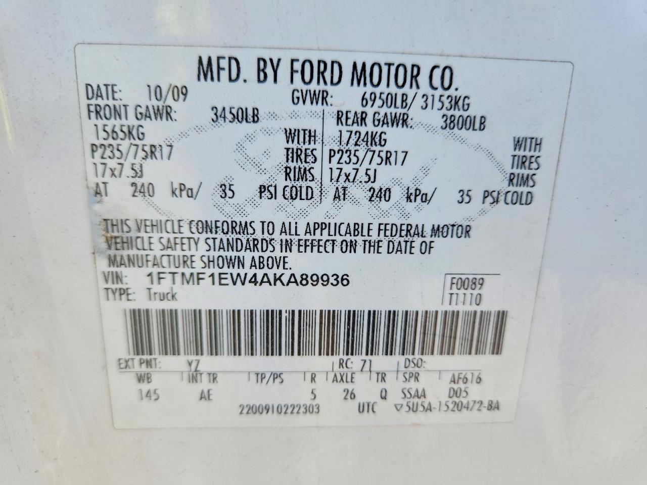 2010 Ford F150 White vin: 1FTMF1EW4AKA89936