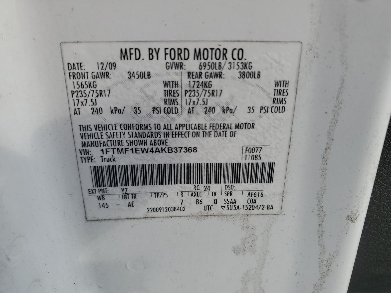 2010 Ford F150 White vin: 1FTMF1EW4AKB37368