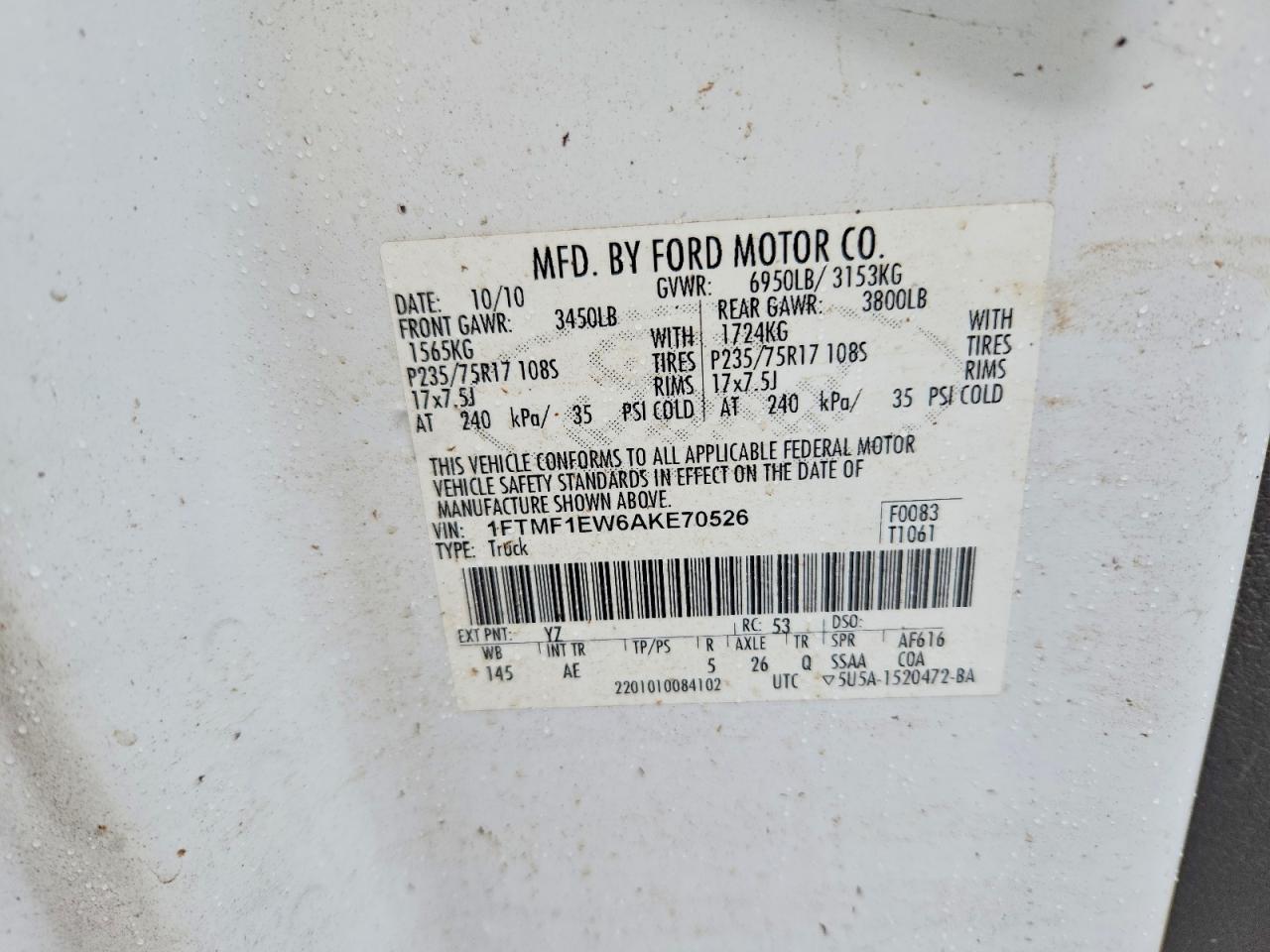 2010 Ford F150 White vin: 1FTMF1EW6AKE70526