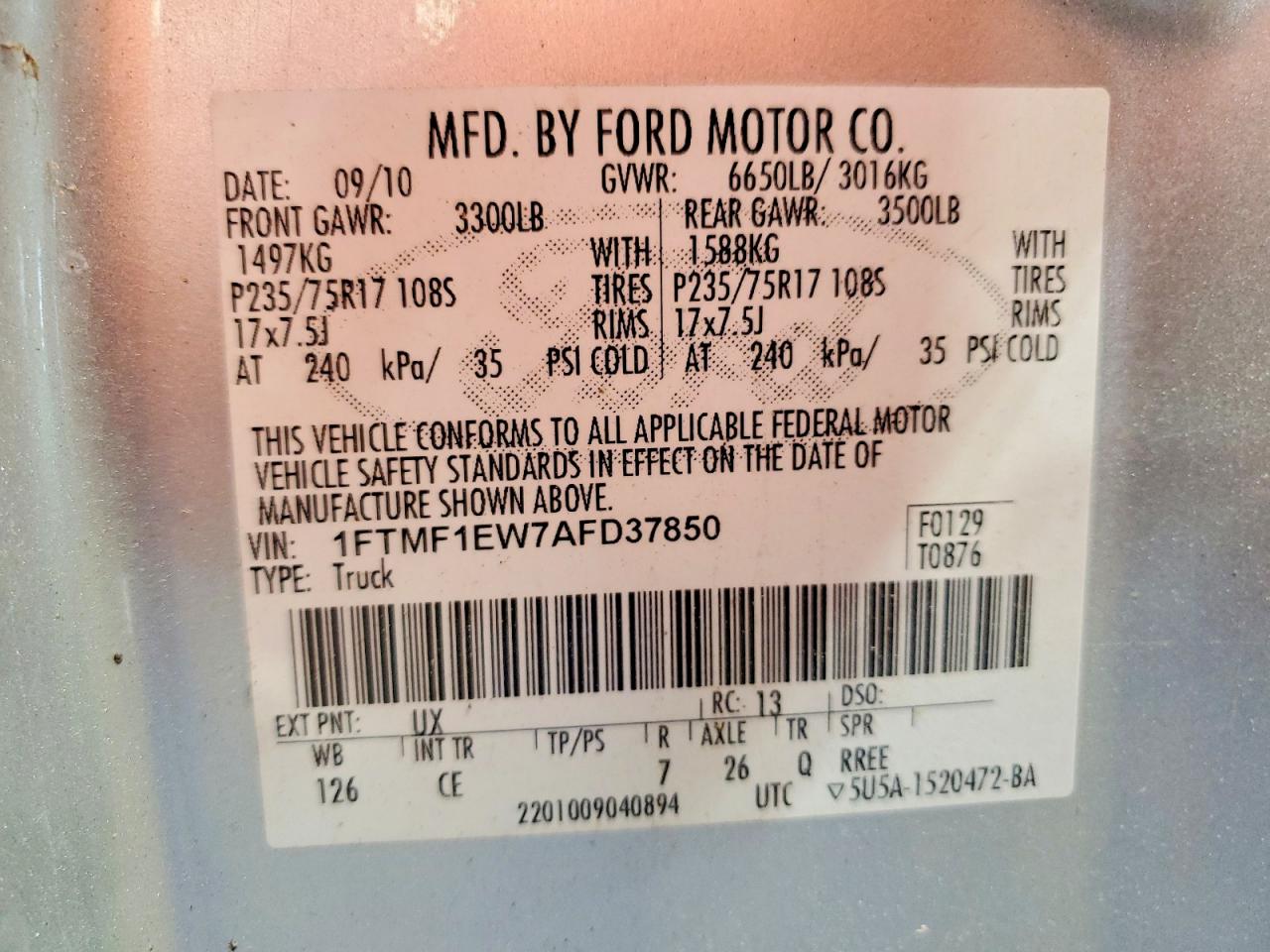 2010 Ford F150 Silver vin: 1FTMF1EW7AFD37850