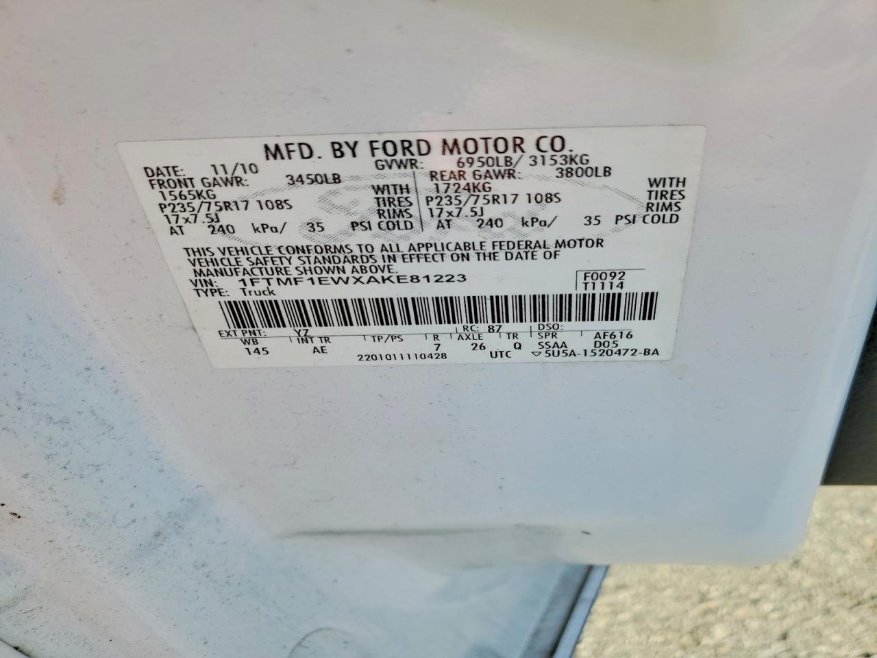 2010 Ford F150 White vin: 1FTMF1EWXAKE81223