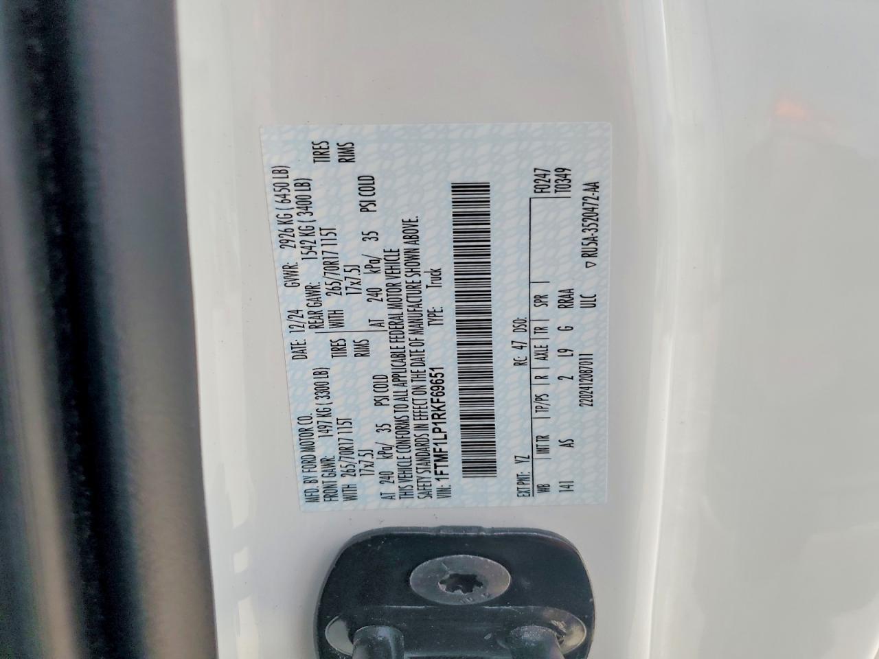 2024 Ford F150 Xl White vin: 1FTMF1LP1RKF69651