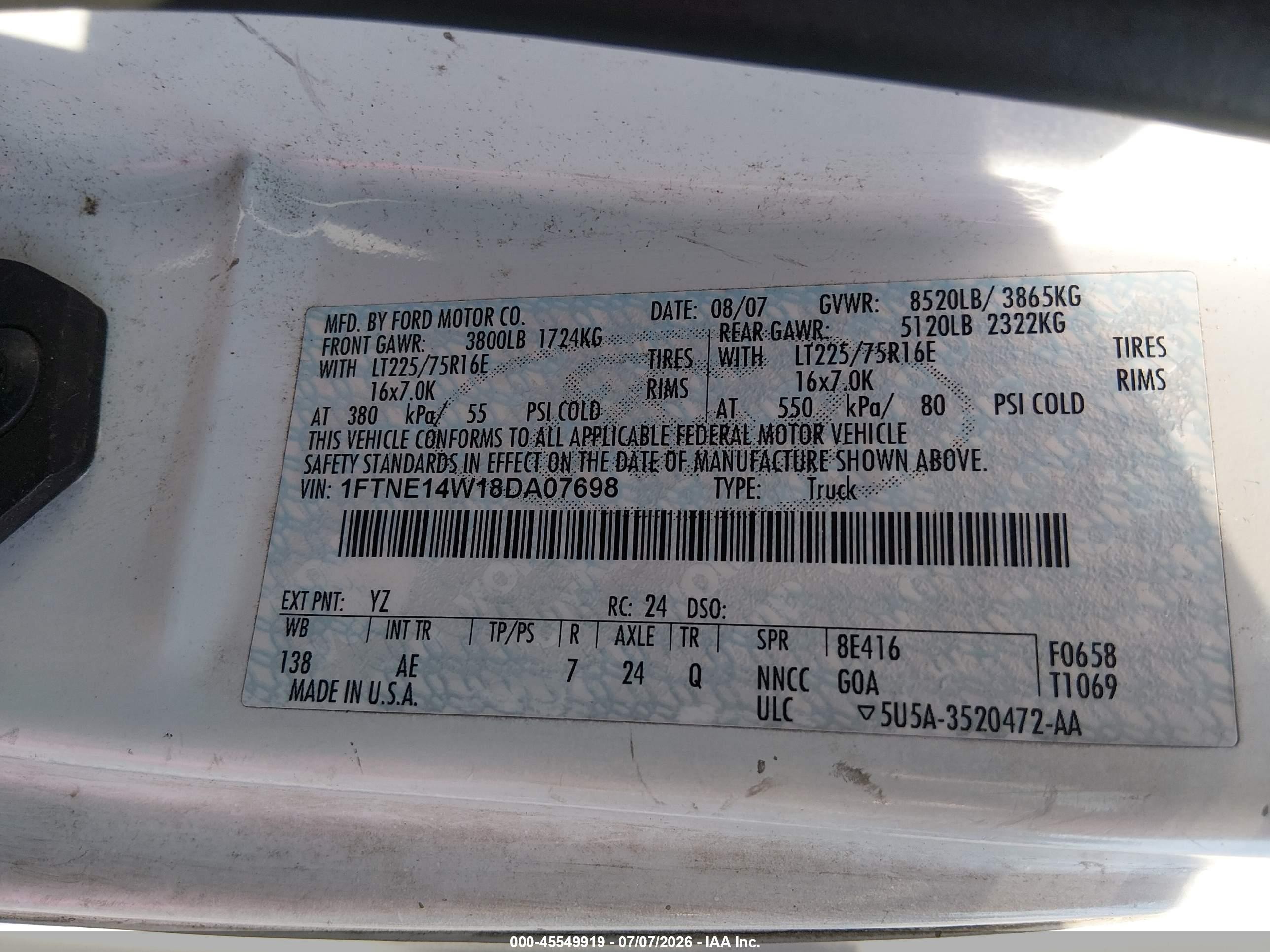 2008 Ford E-150 Commercial/recreational White vin: 1FTNE14W18DA07698