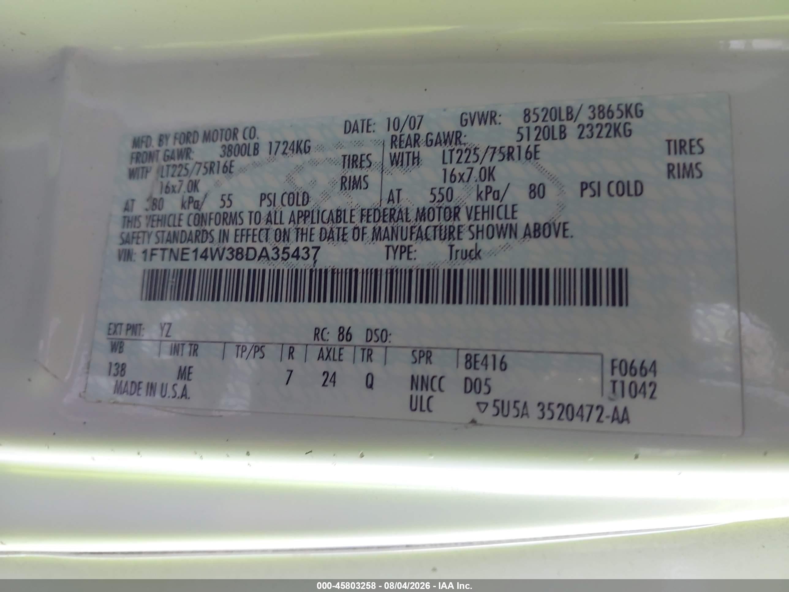 2008 Ford E-150 Commercial/recreational White vin: 1FTNE14W38DA35437