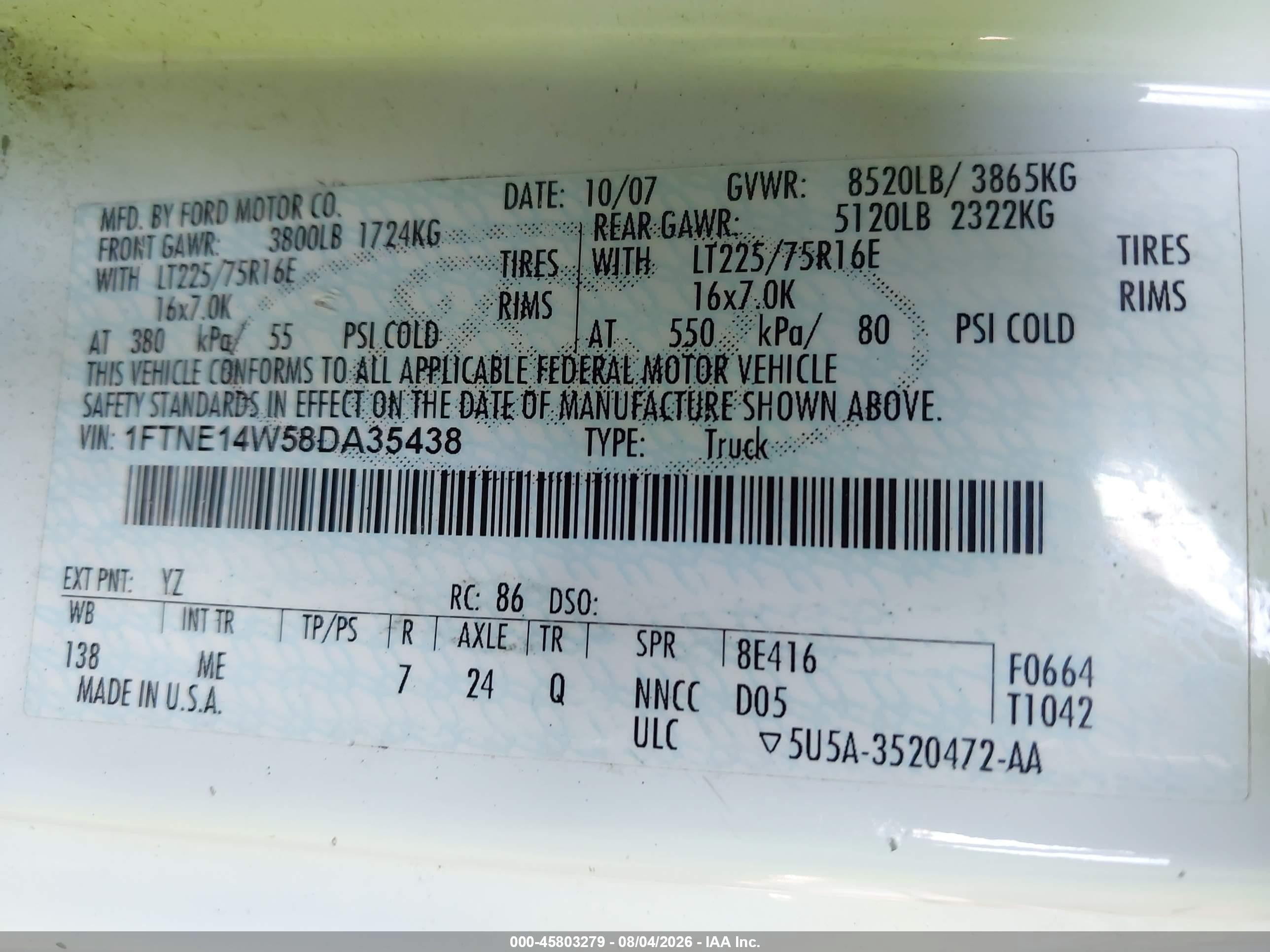 2008 Ford E-150 Commercial/recreational White vin: 1FTNE14W58DA35438
