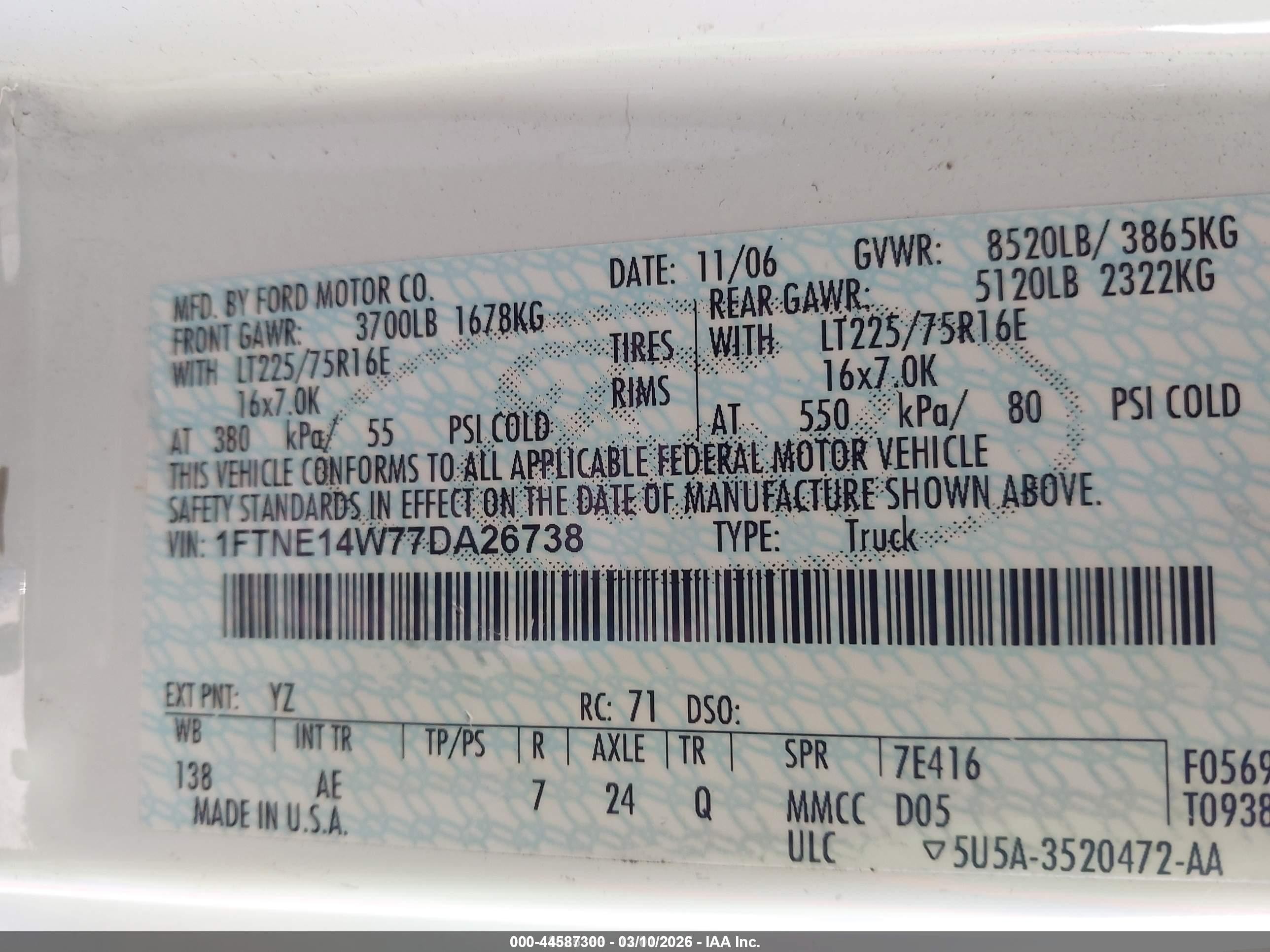 2007 Ford E-150 Commercial/recreational White vin: 1FTNE14W77DA26738
