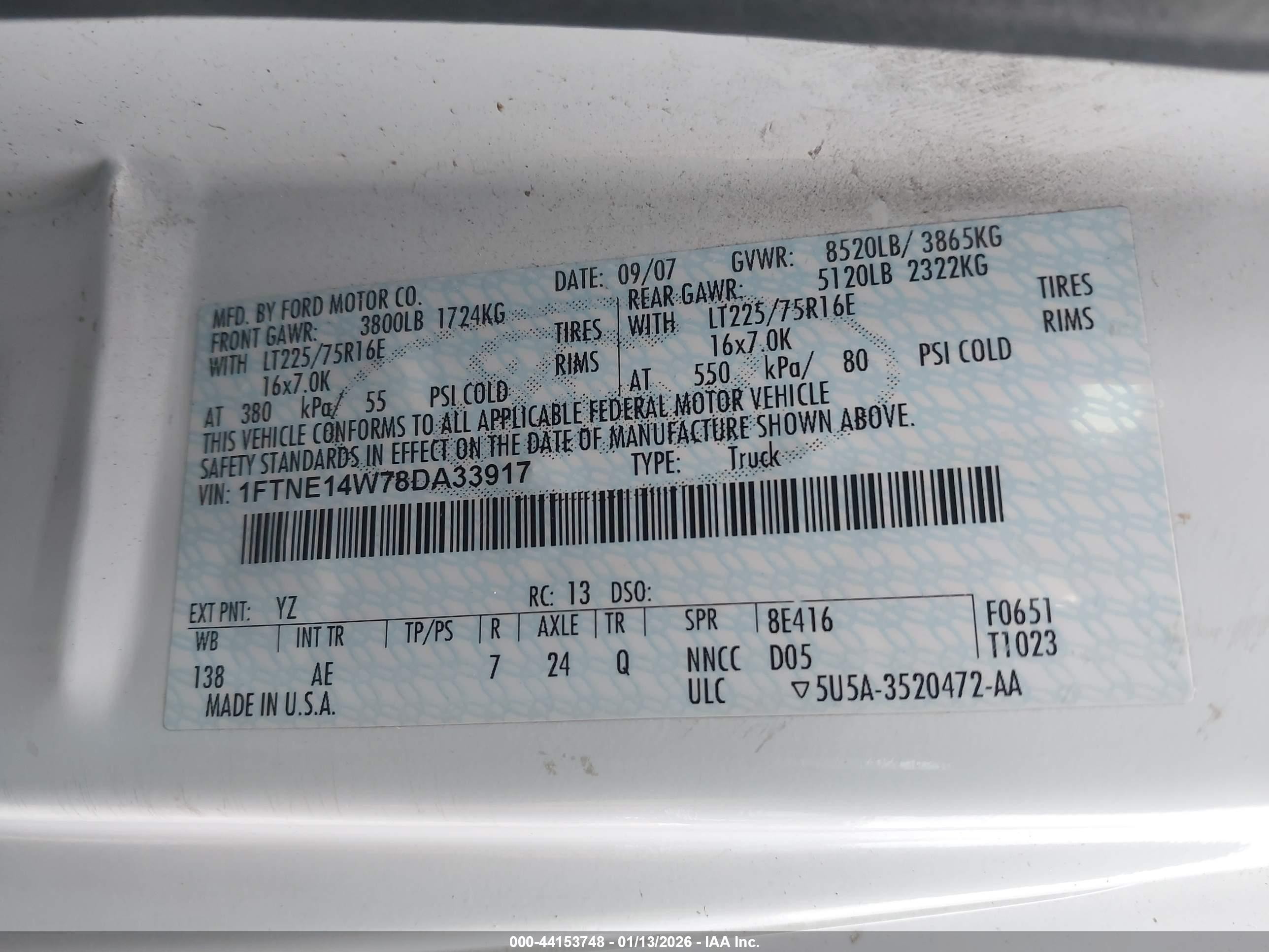 2008 Ford E-150 Commercial/recreational White vin: 1FTNE14W78DA33917