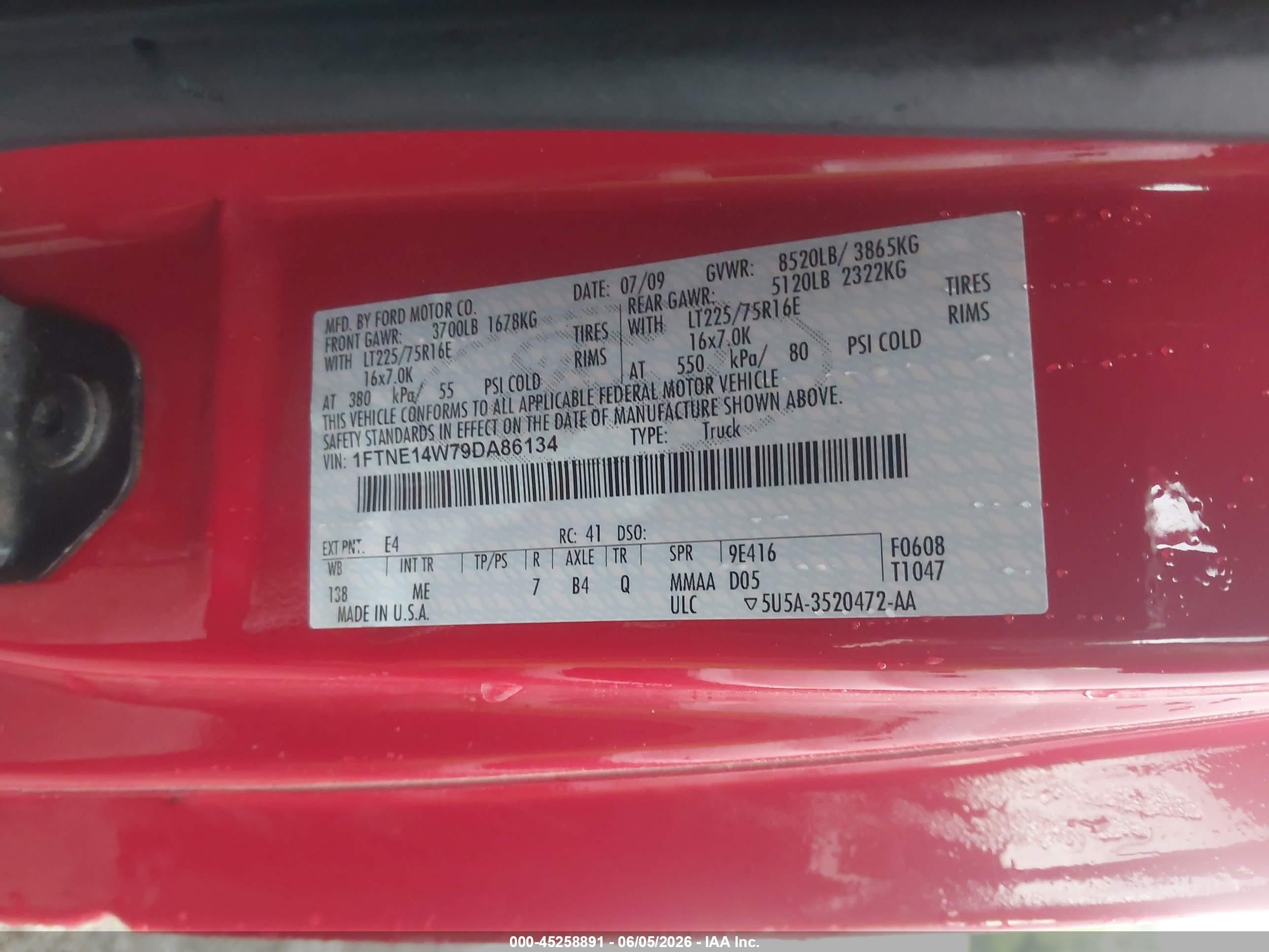 2009 Ford E-150 Commercial/recreational Red vin: 1FTNE14W79DA86134