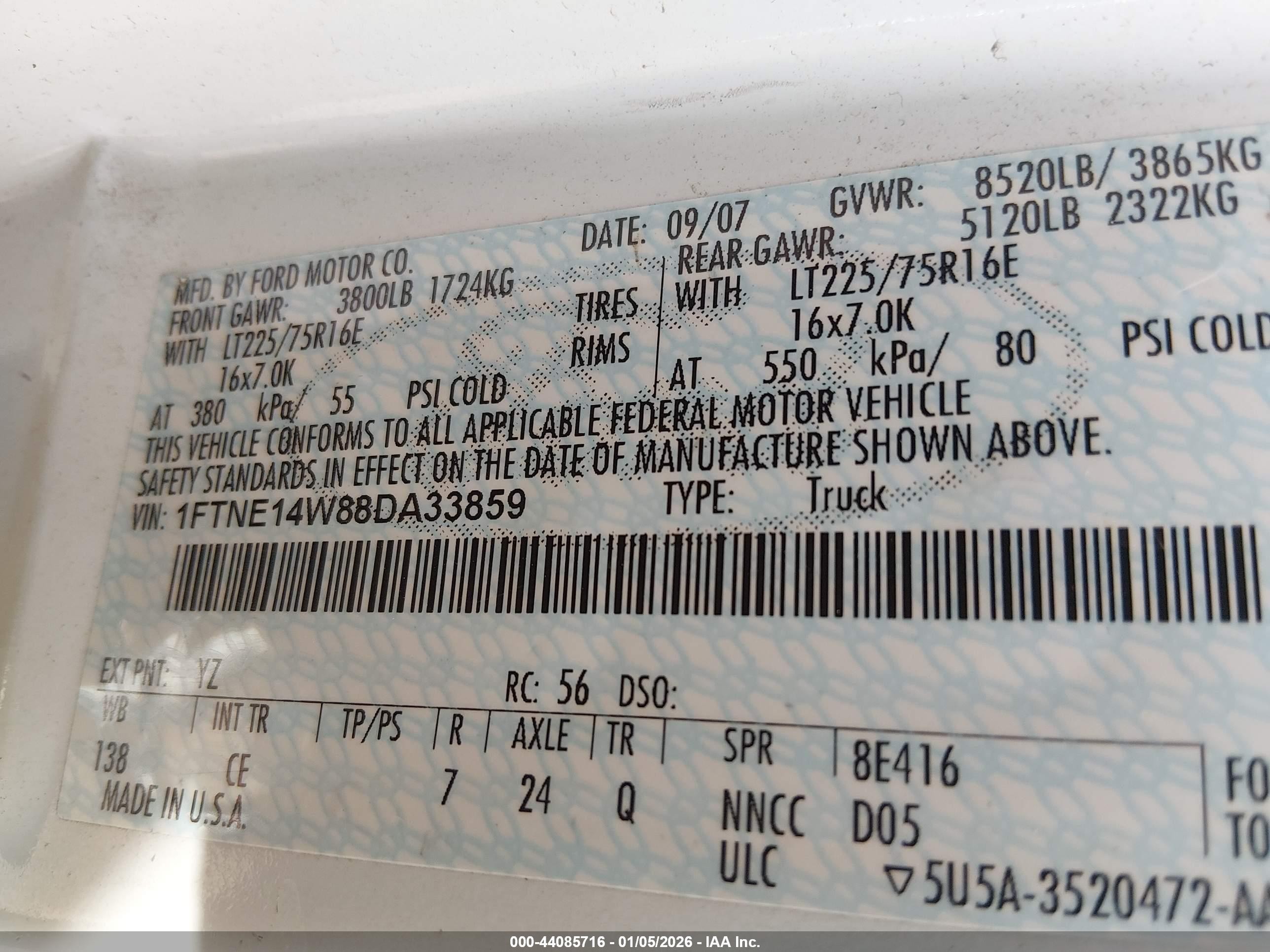 2008 Ford E-150 Commercial/recreational White vin: 1FTNE14W88DA33859