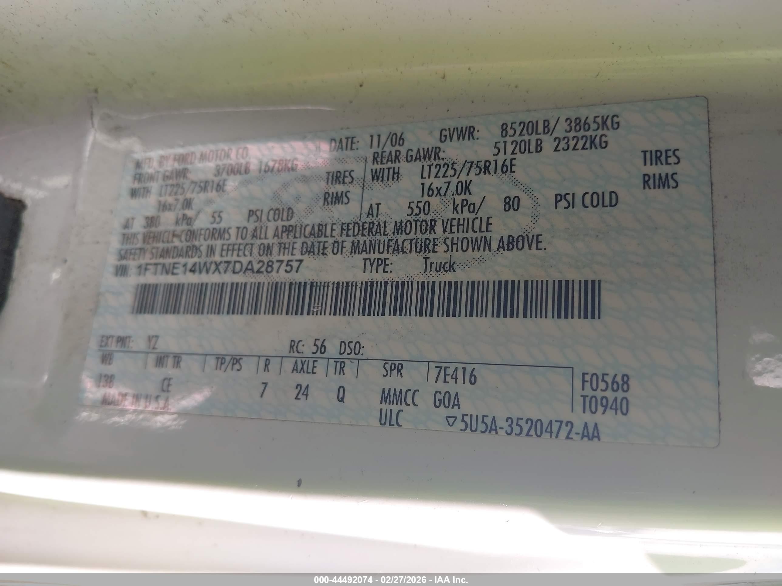 2007 Ford E-150   White vin: 1FTNE14WX7DA28757