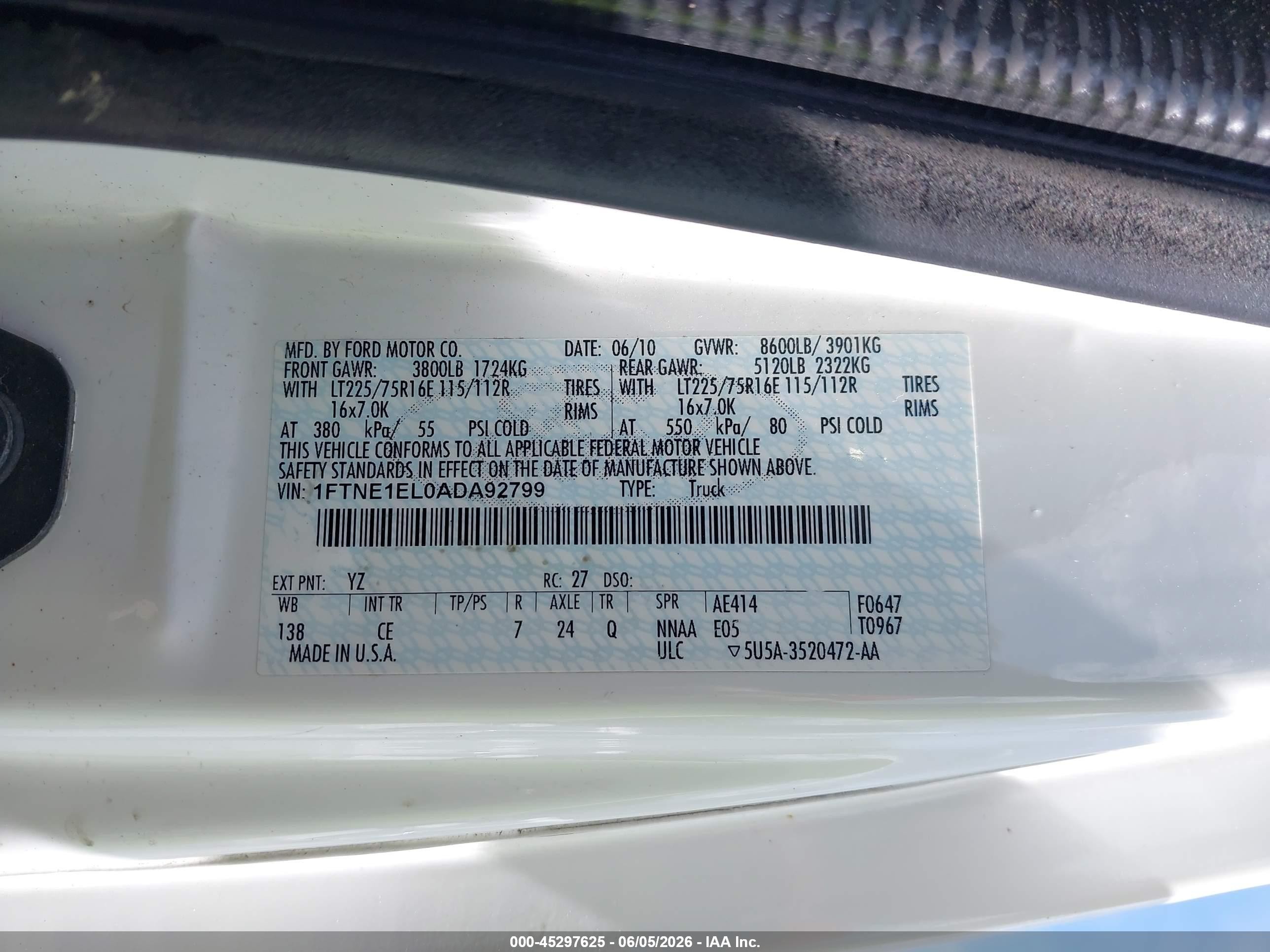 2010 Ford E-150 Commercial/recreational White vin: 1FTNE1EL0ADA92799