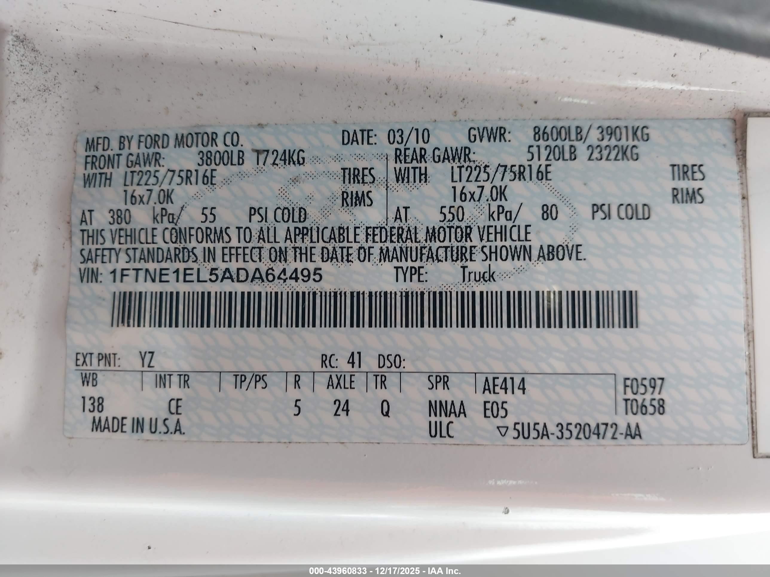 2010 Ford E-150 Commercial/recreational White vin: 1FTNE1EL5ADA64495
