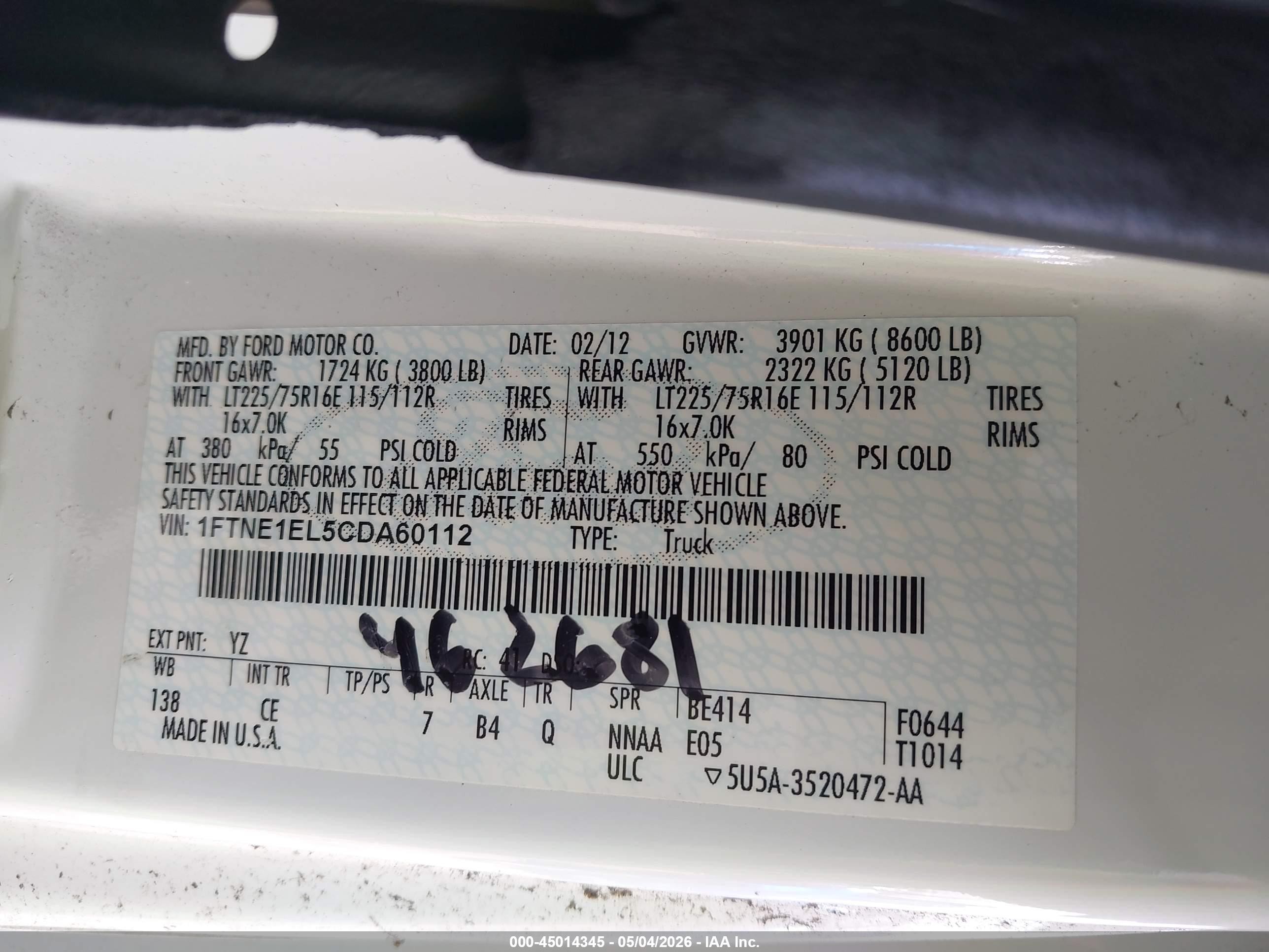 2012 Ford E-150 Commercial White vin: 1FTNE1EL5CDA60112