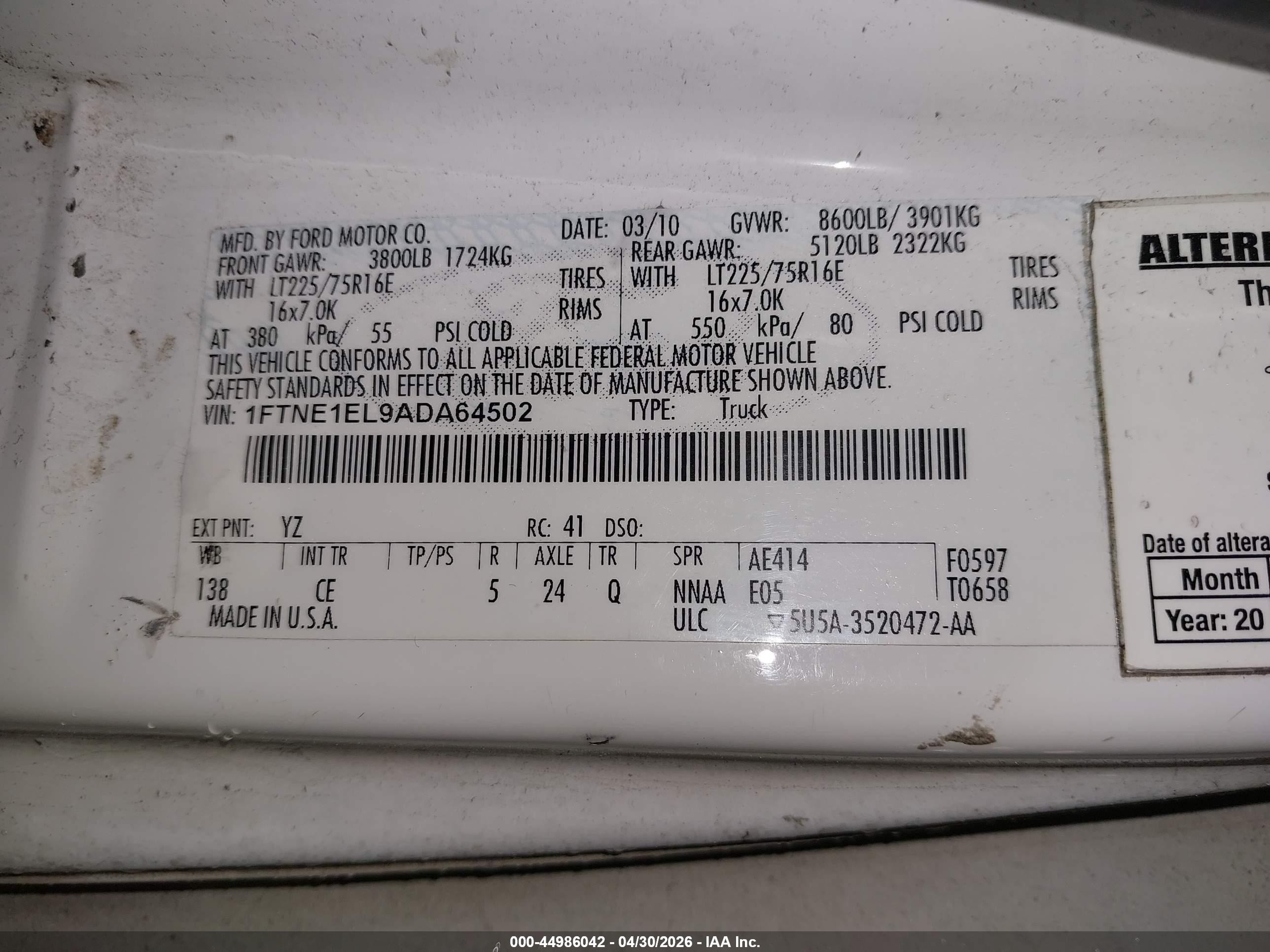 2010 Ford E-150 Commercial/recreational White vin: 1FTNE1EL9ADA64502