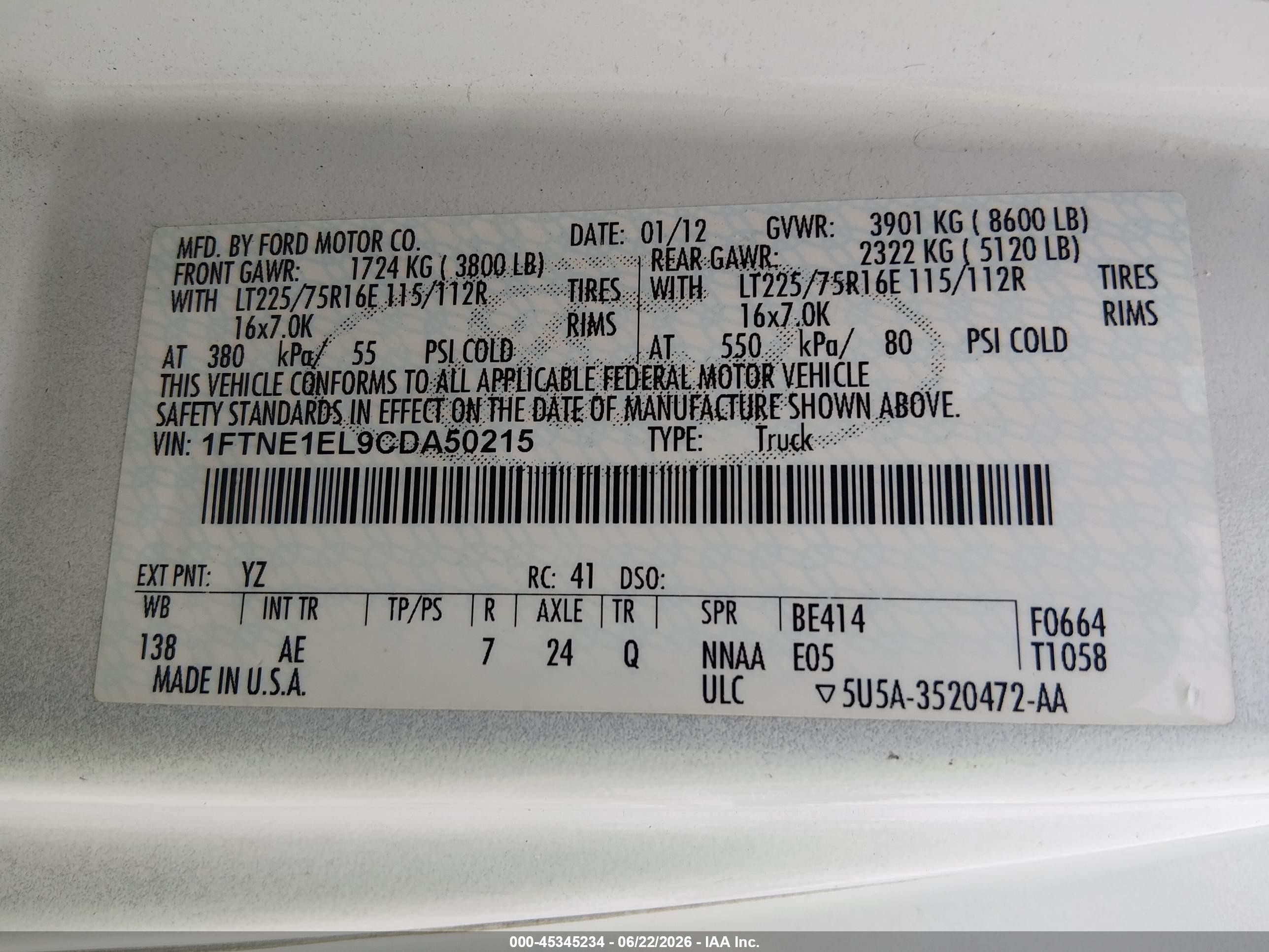 2012 Ford E-150 Commercial White vin: 1FTNE1EL9CDA50215