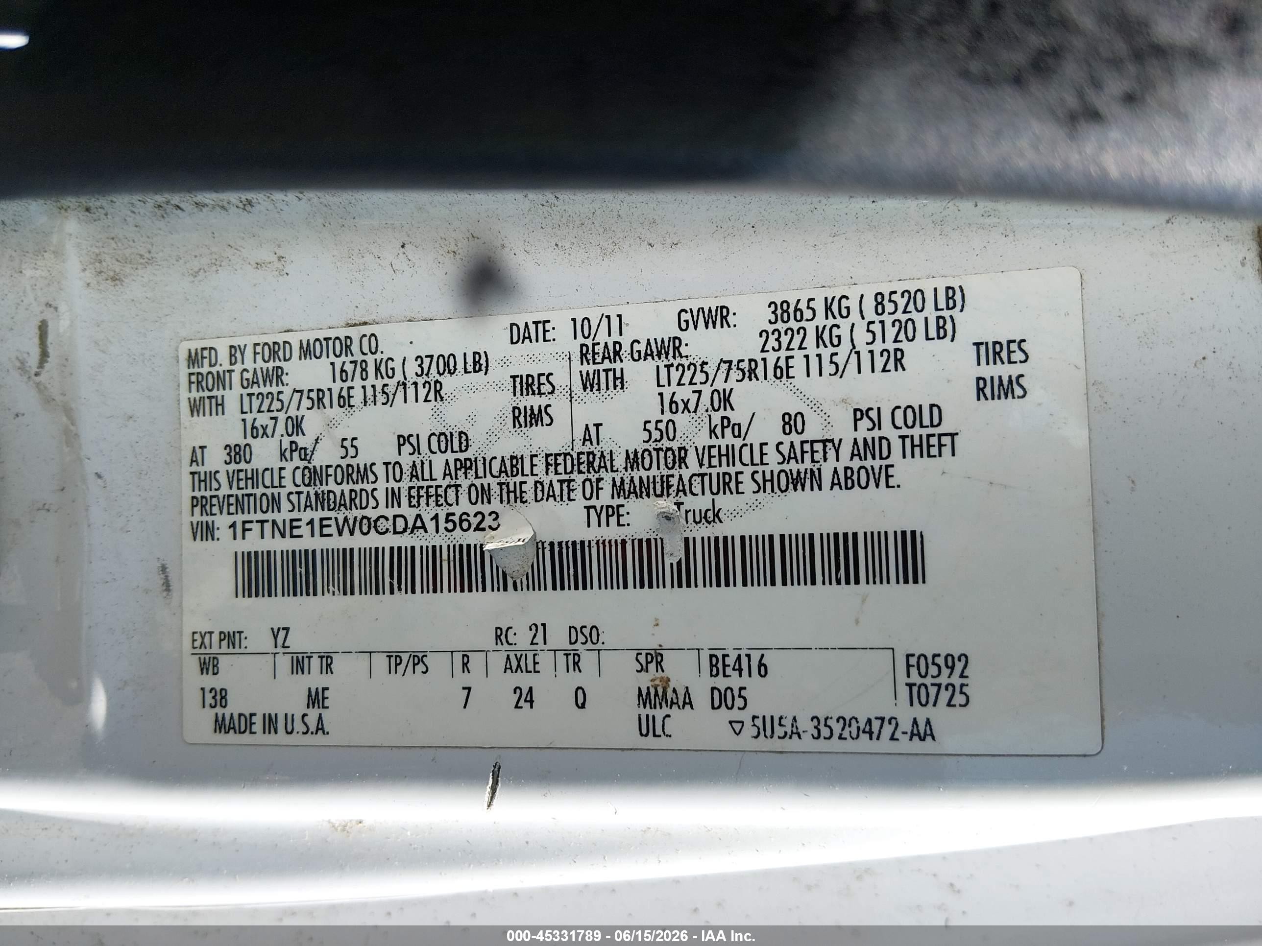 2012 Ford E-150 Commercial White vin: 1FTNE1EW0CDA15623