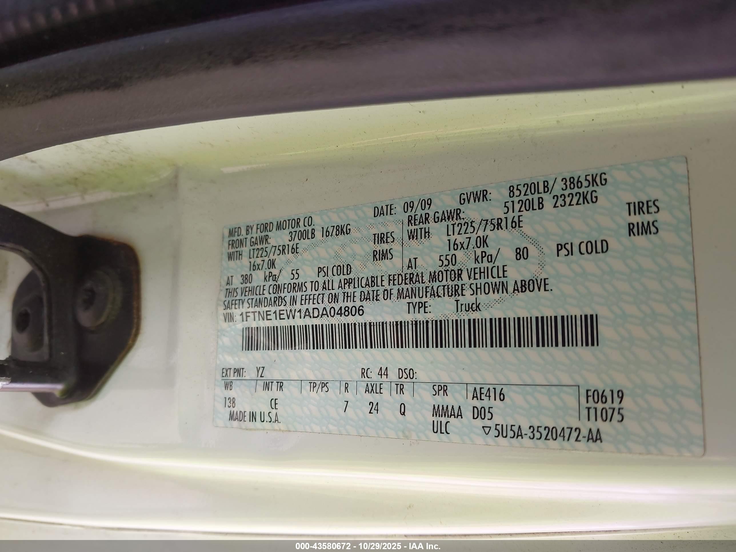 2010 Ford E-150 Commercial/recreational Белый vin: 1FTNE1EW1ADA04806