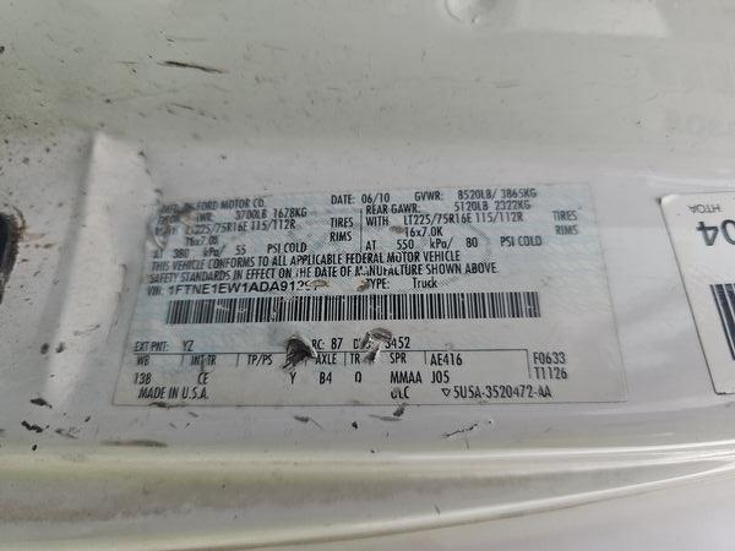 2010 Ford E-150 Commercial/recreational vin: 1FTNE1EW1ADA91297