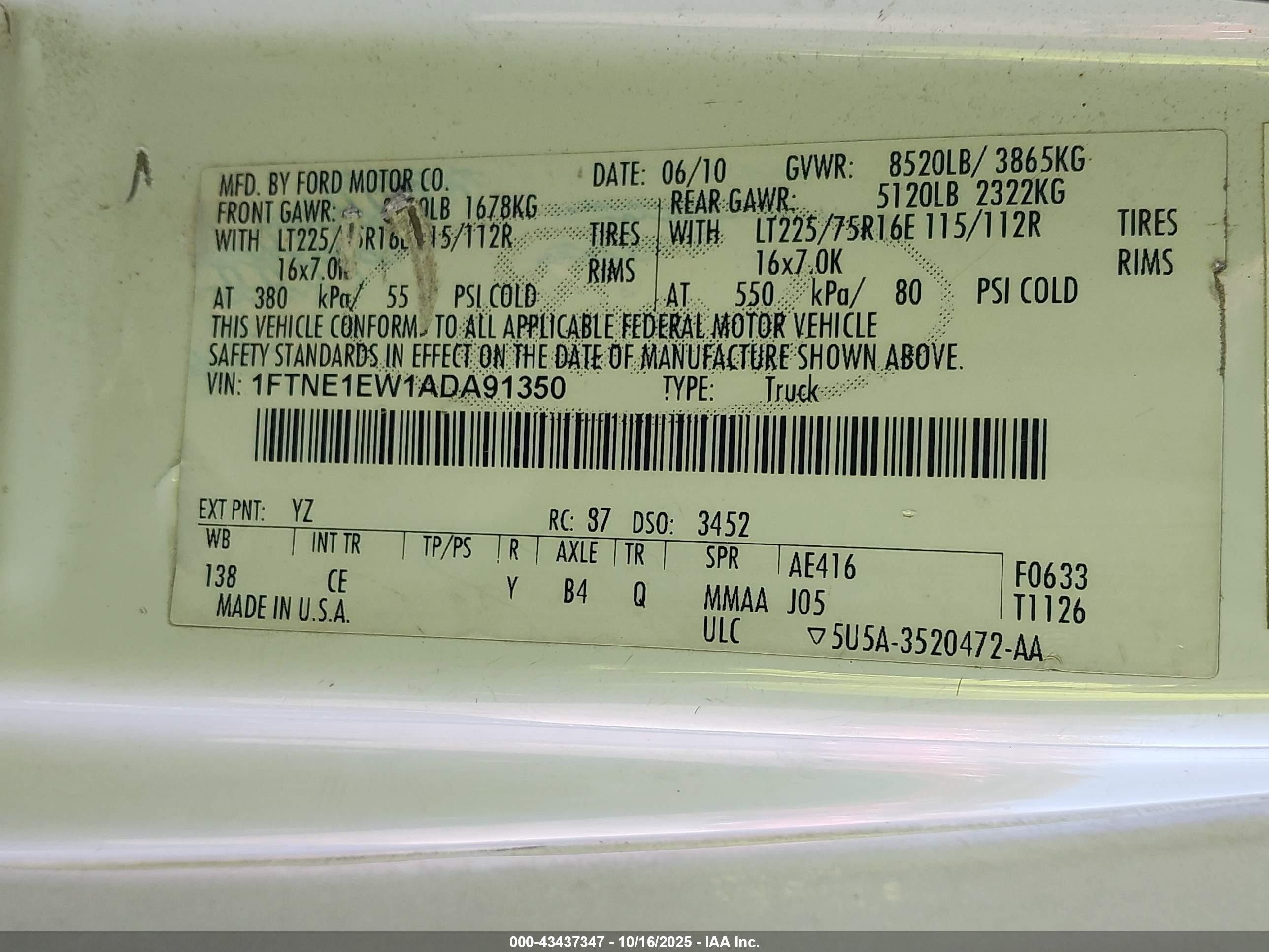 2010 Ford E-150 Commercial/recreational Белый vin: 1FTNE1EW1ADA91350