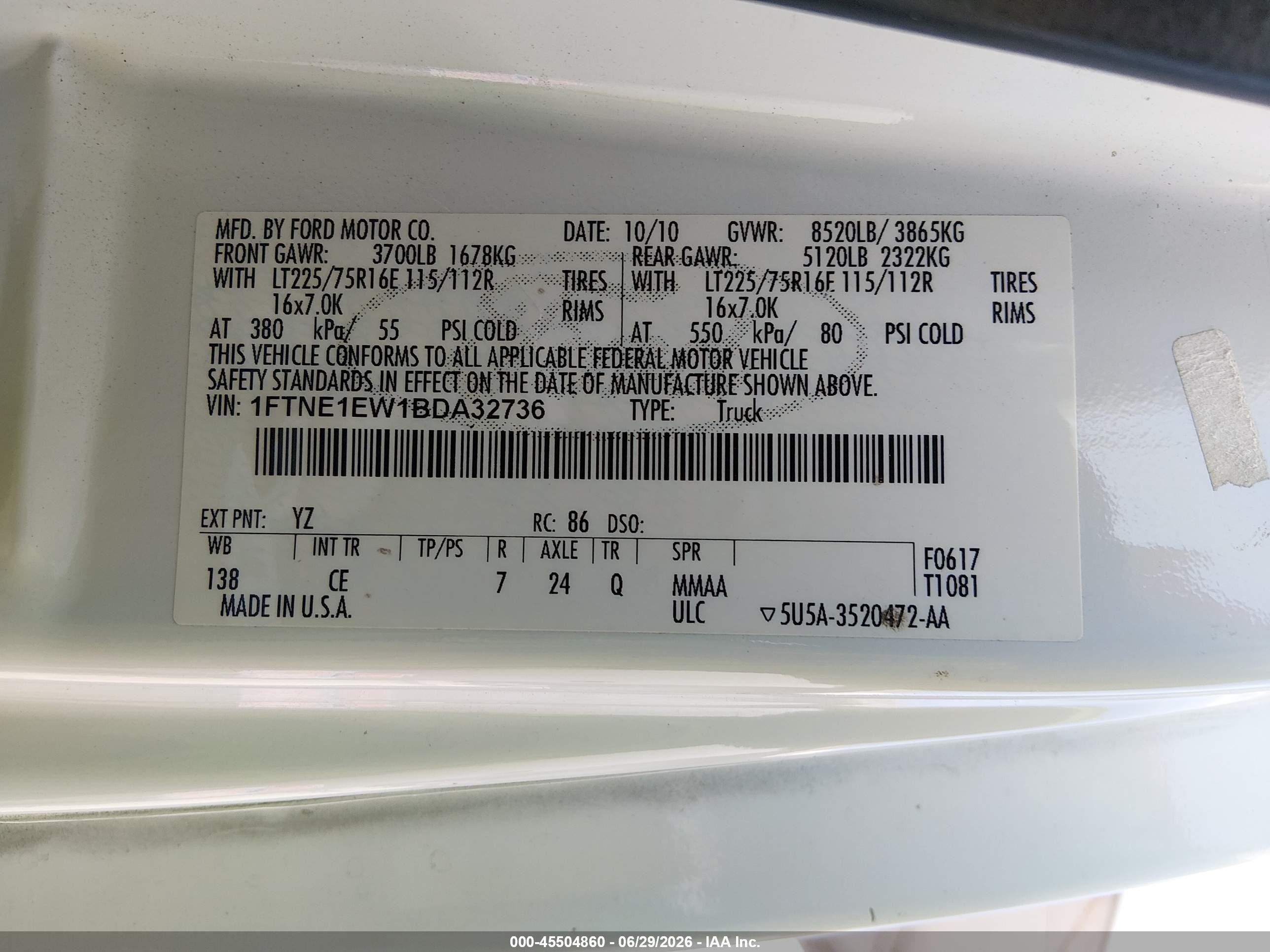 2011 Ford E-150 Commercial/recreational White vin: 1FTNE1EW1BDA32736
