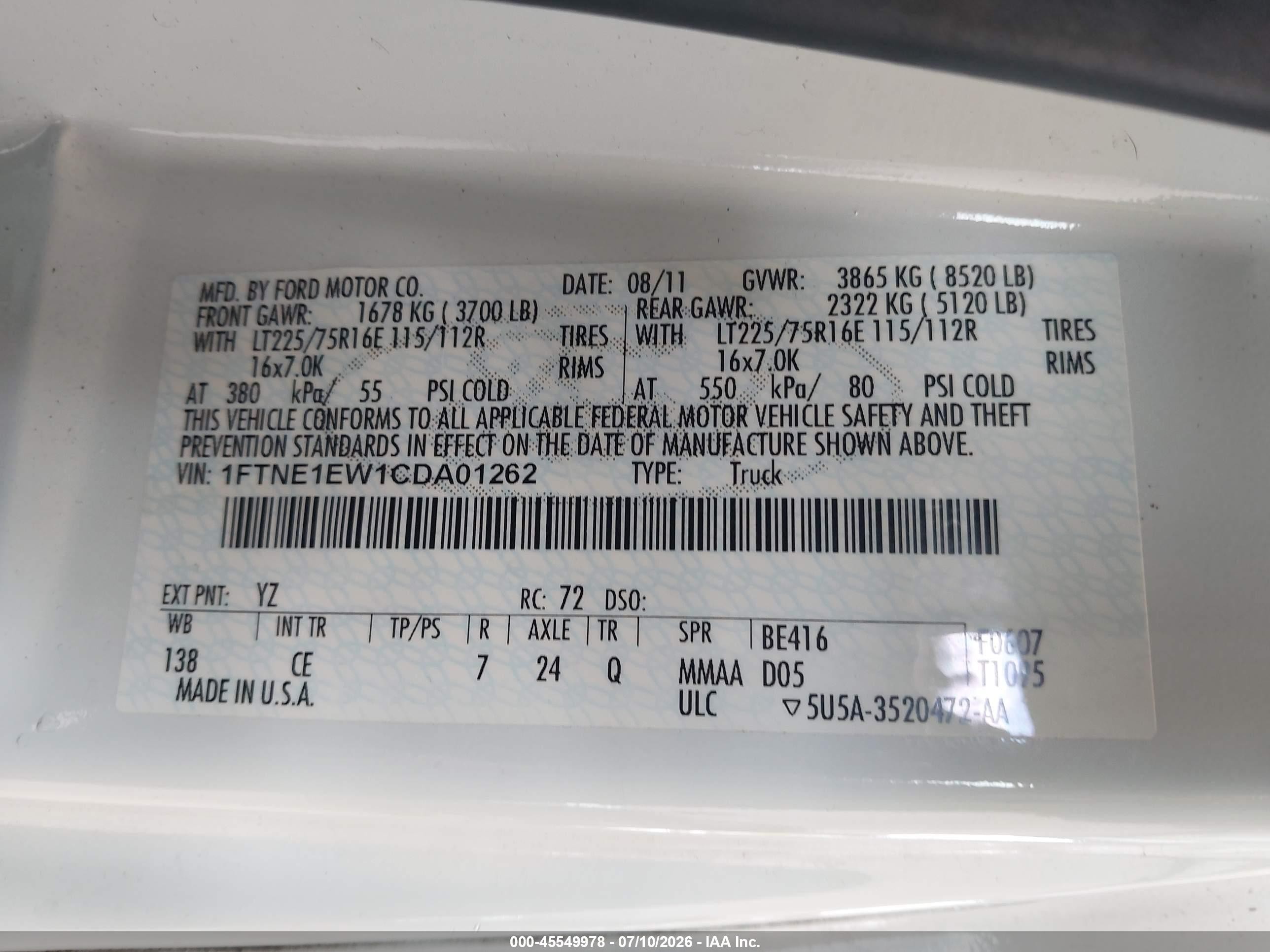 2012 Ford E-150 Commercial/recreational White vin: 1FTNE1EW1CDA01262