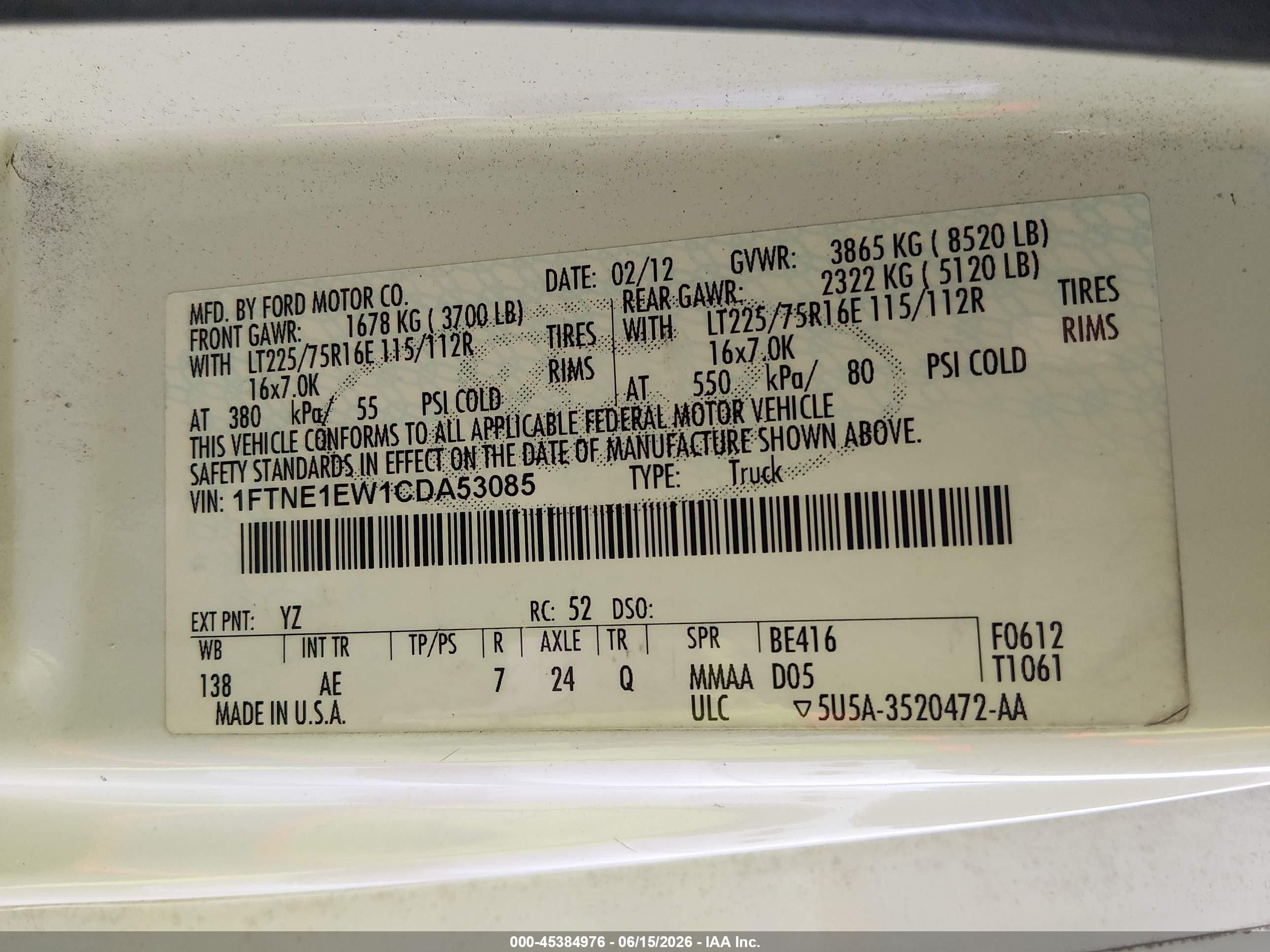 2012 Ford E-150 Commercial White vin: 1FTNE1EW1CDA53085