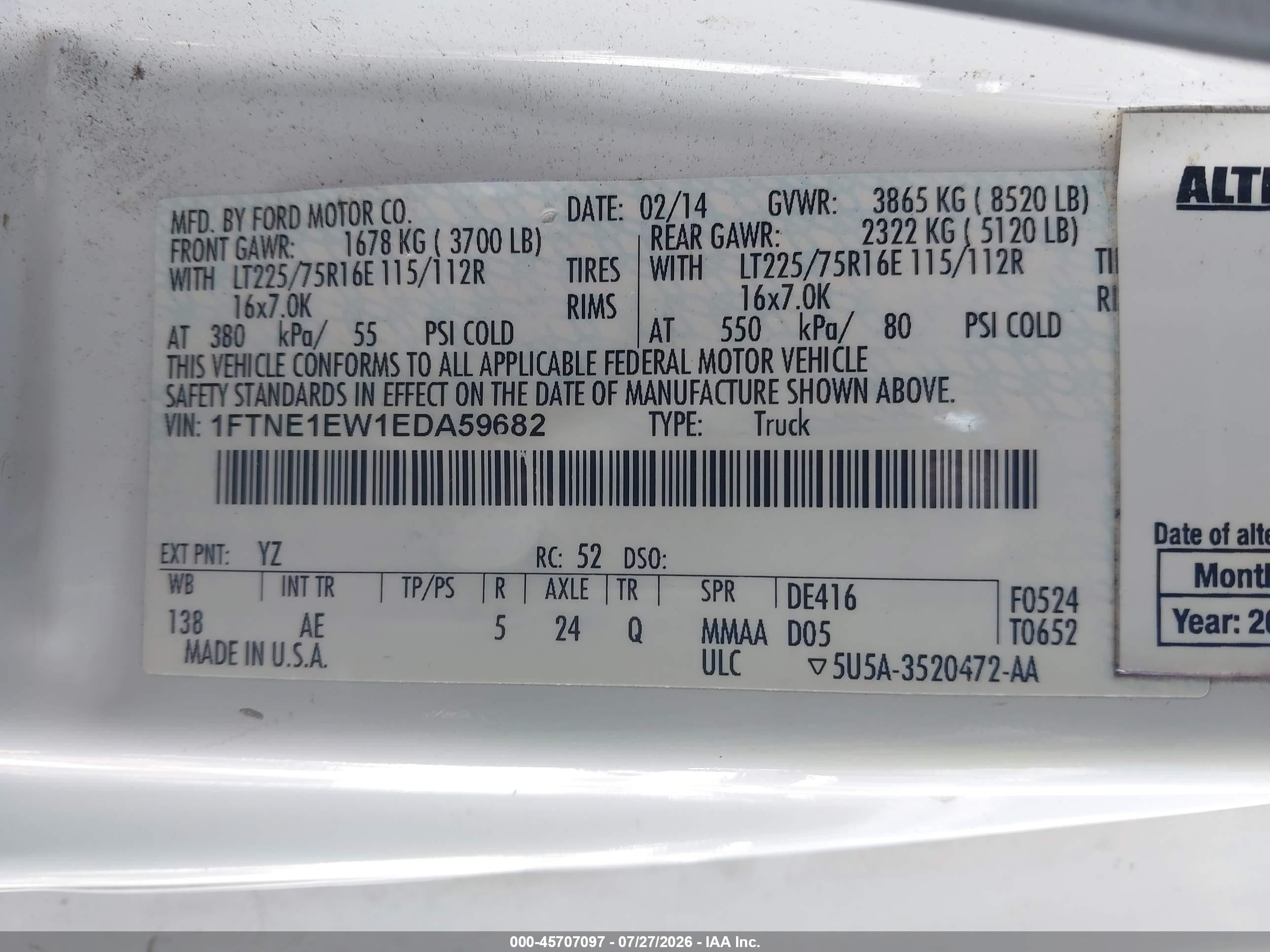 2014 Ford E-150 Commercial White vin: 1FTNE1EW1EDA59682