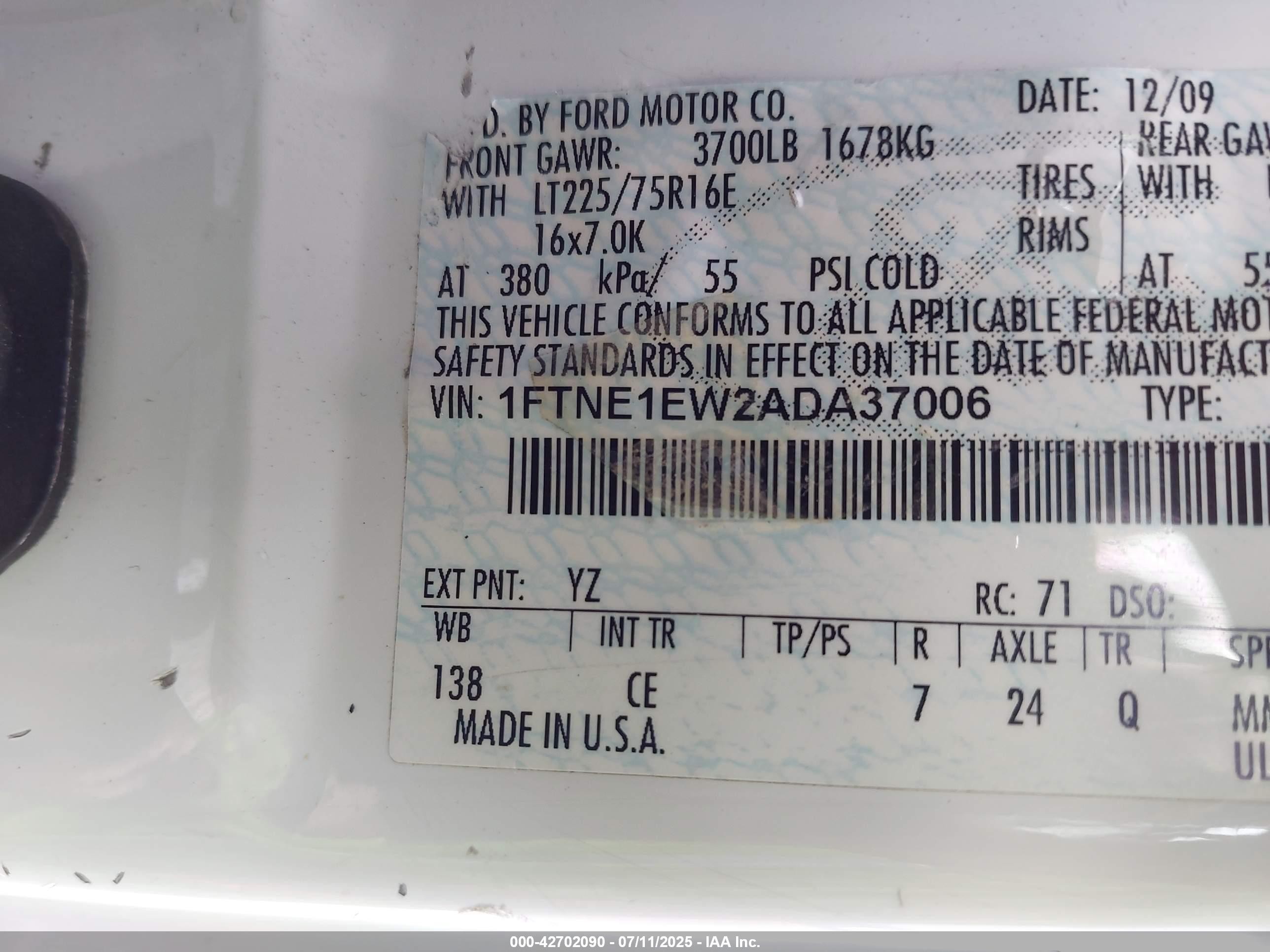 2010 Ford E-150 Commercial/recreational Белый vin: 1FTNE1EW2ADA37006