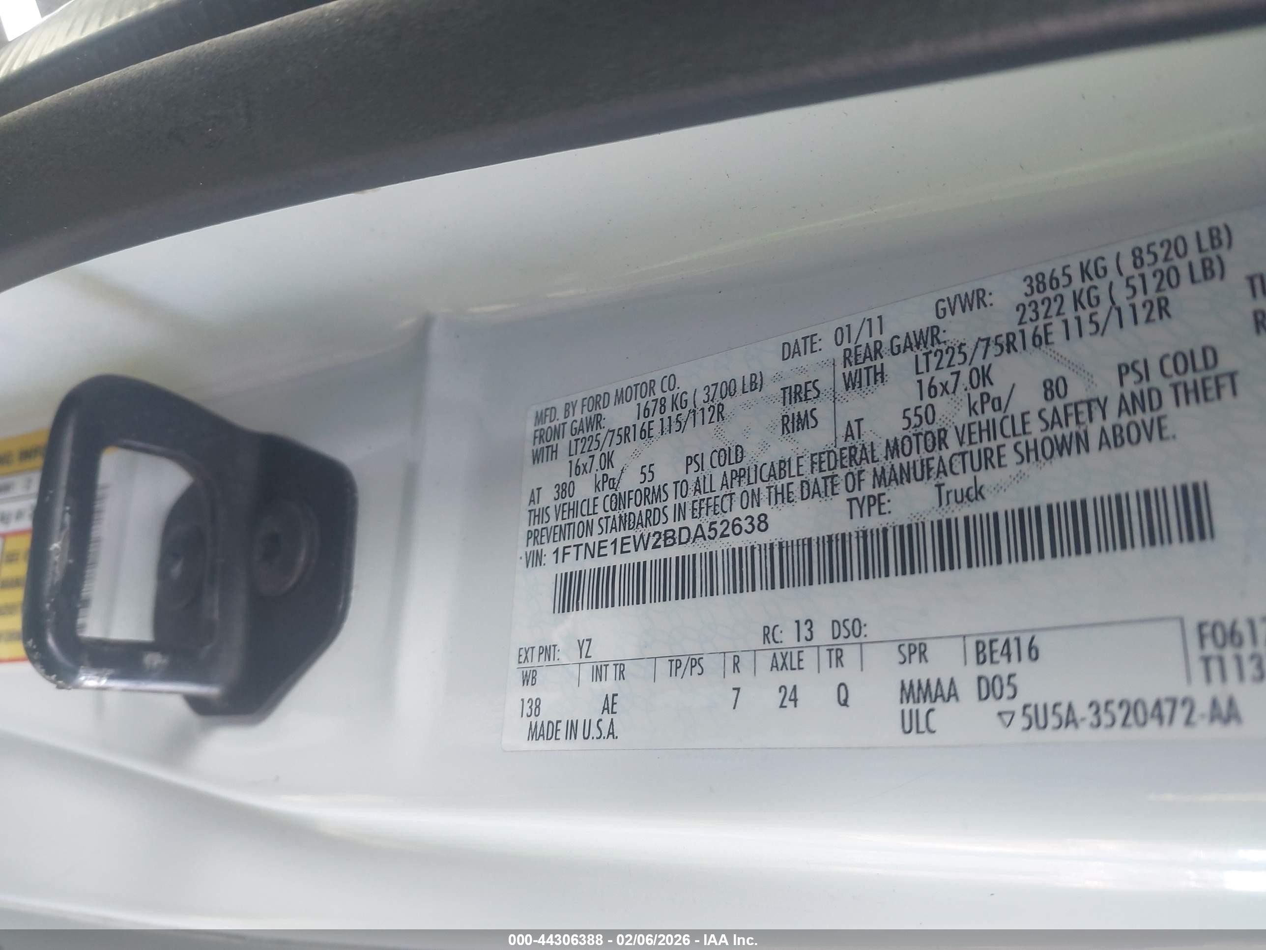 2011 Ford E-150 Commercial White vin: 1FTNE1EW2BDA52638