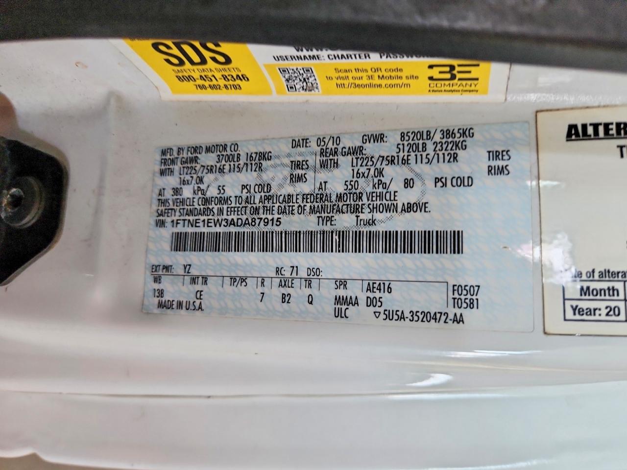 2010 Ford Econoline E150 Van White vin: 1FTNE1EW3ADA87915