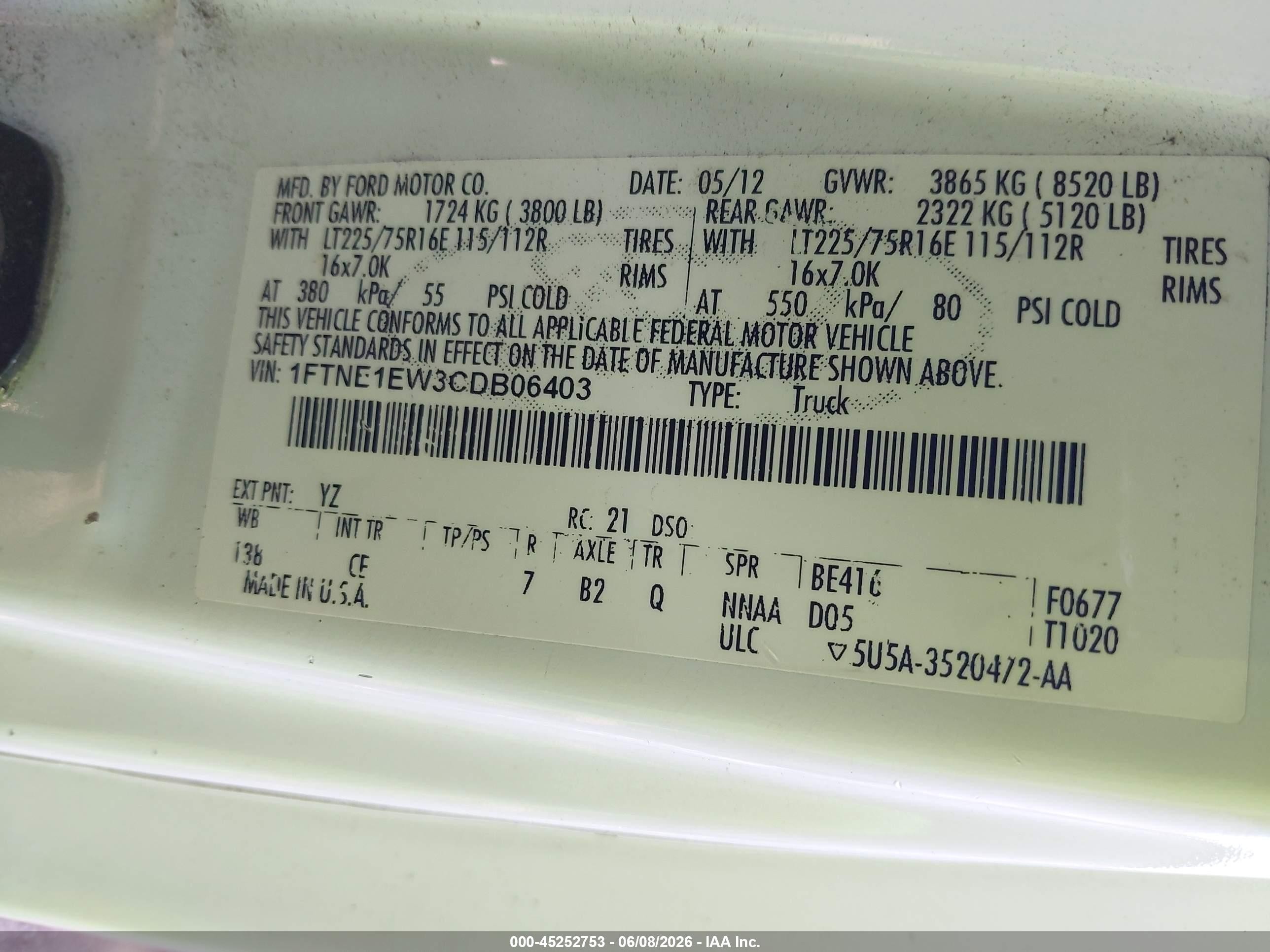 2012 Ford E-150 Commercial White vin: 1FTNE1EW3CDB06403