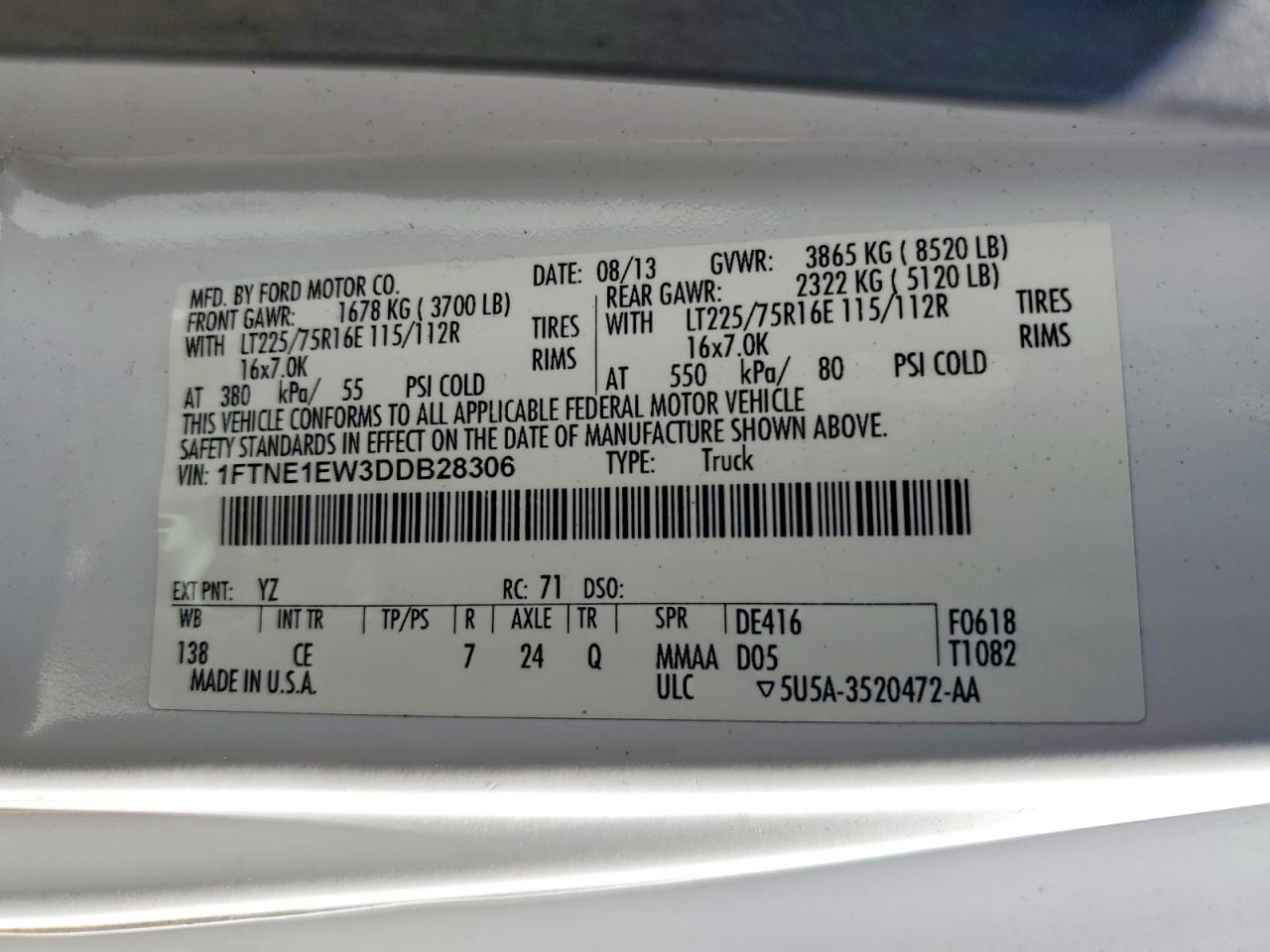 2013 Ford Econoline E150 Van White vin: 1FTNE1EW3DDB28306