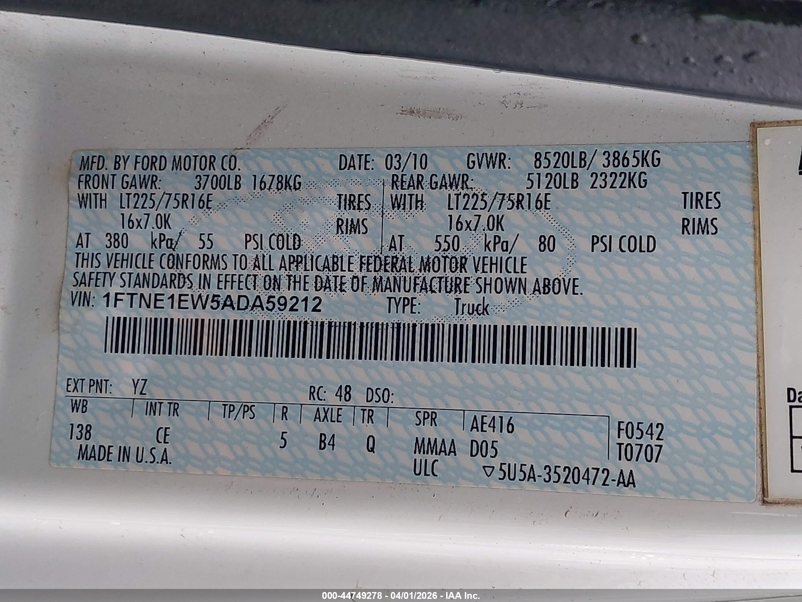2010 Ford E-150 Commercial/recreational White vin: 1FTNE1EW5ADA59212